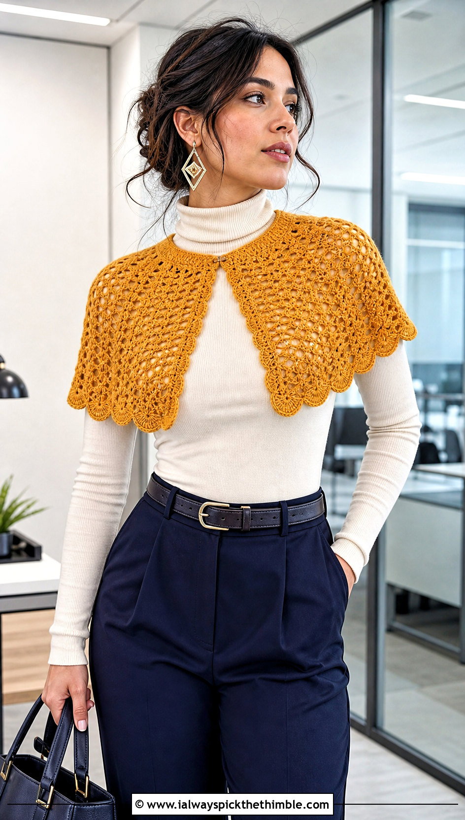 Scalloped Crochet Capelet With High Waisted Trousers - 20 Vintage Crochet Shawl outfit ideas