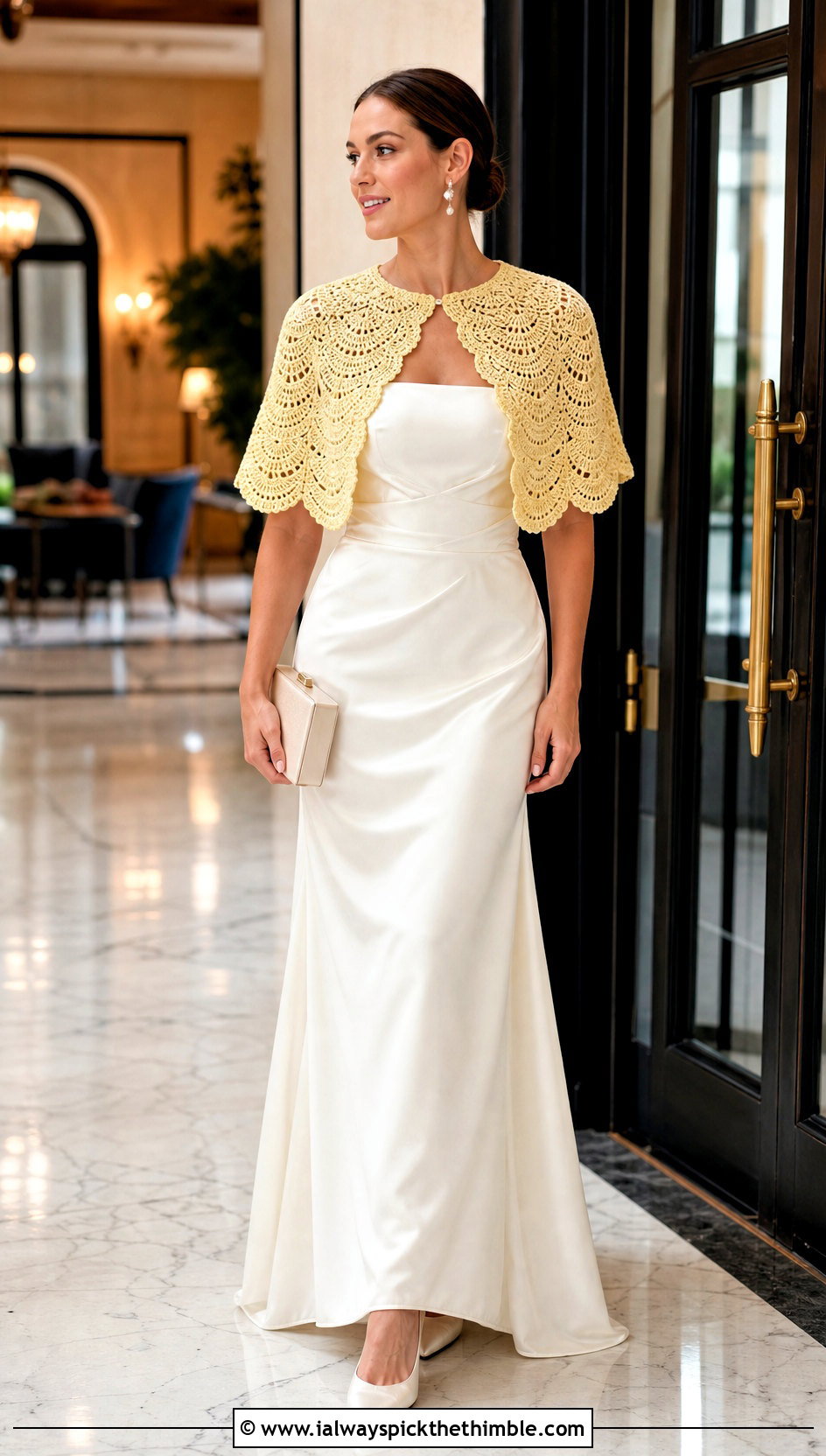 Scalloped Crochet Capelet With Strapless Satin Gown - 20 Crochet Wedding Cape outfit ideas