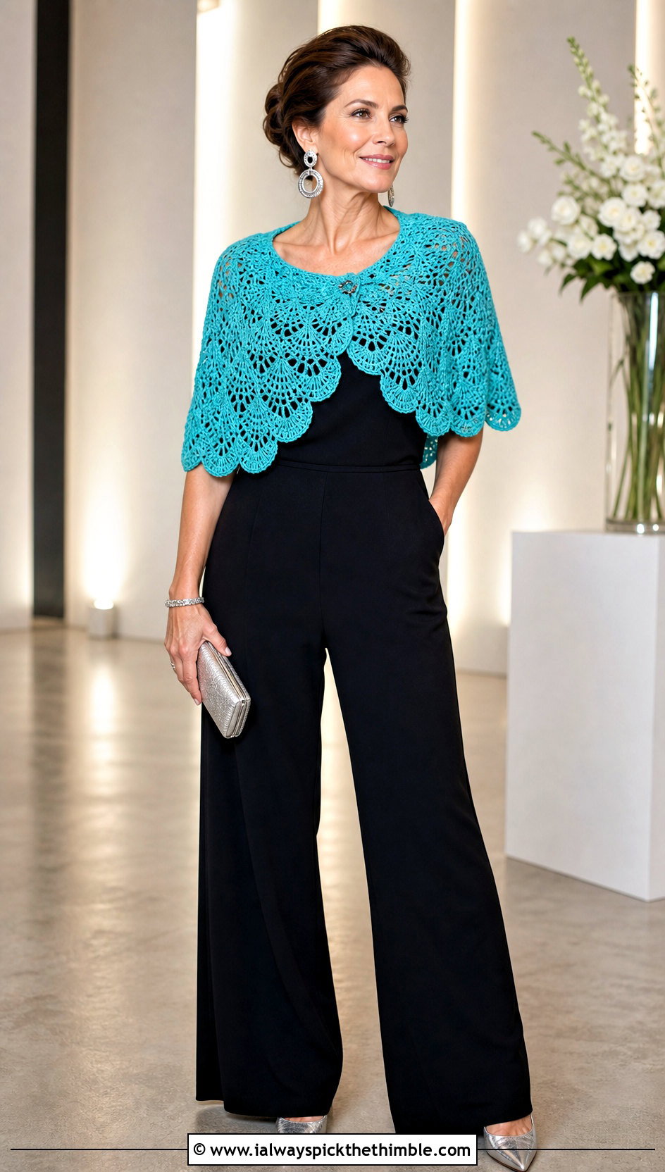Scalloped Crochet Caplet Shawl With Black Jumpsuit - 20 crochet caplet shawl outfit ideas