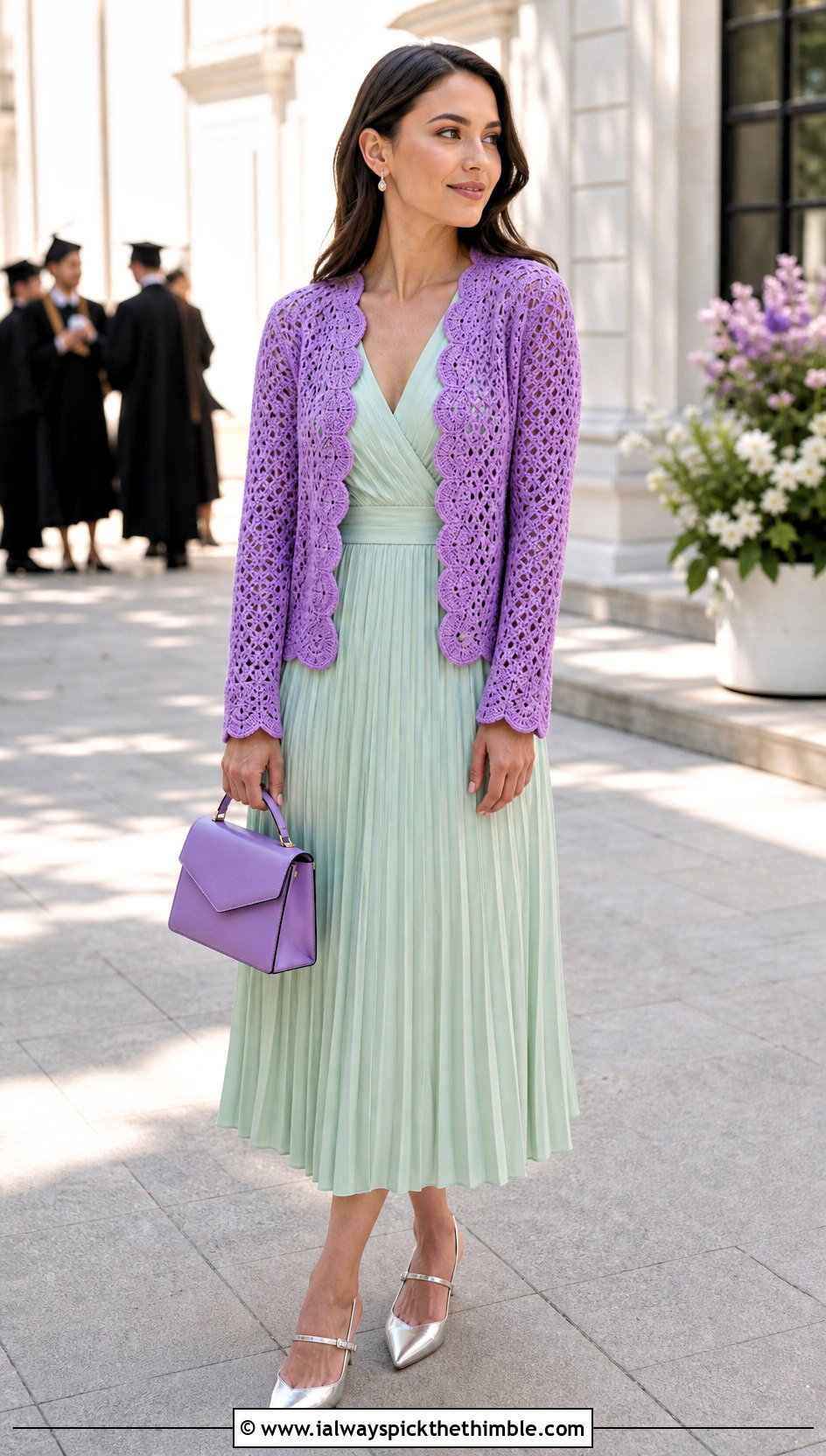 Scalloped Crochet Cardigan With Pleated Midi Dress - 25 easy crochet cardigan women outfit ideas