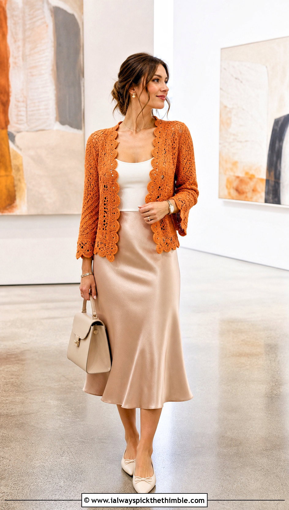 Scalloped Crochet Cardigan With Satin Midi Skirt - 20 fast crochet cardigan outfit ideas