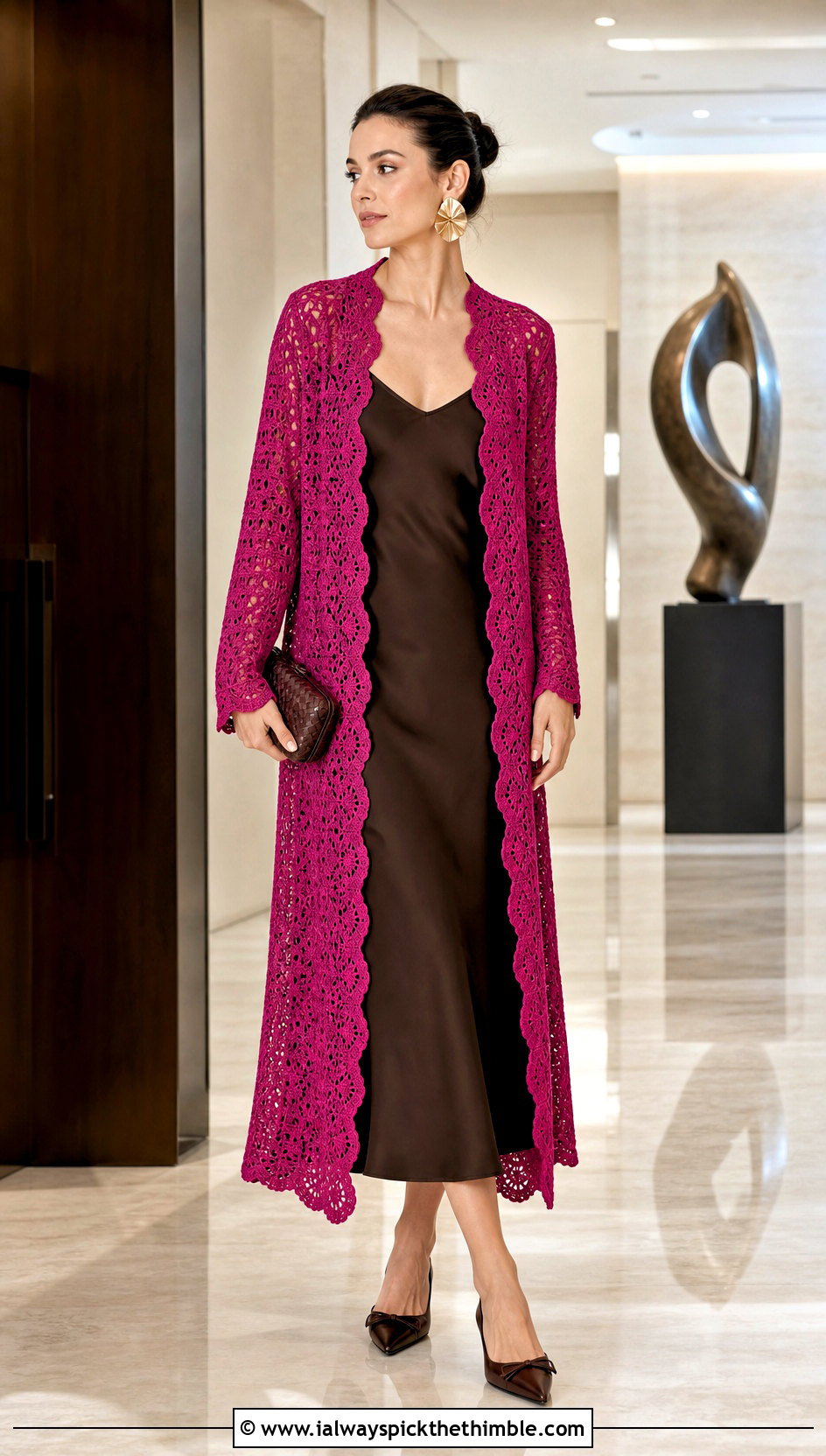 Scalloped Crochet Cardigan With Slip Dress - 20 long crochet sweater outfit ideas