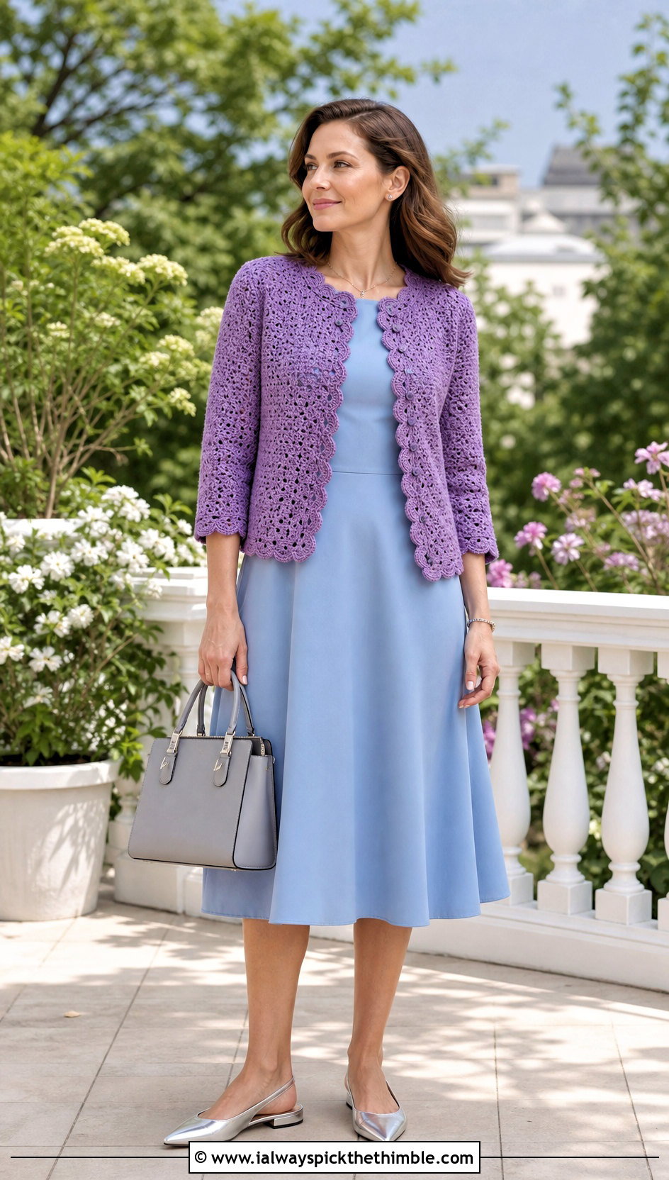 Scalloped Crochet Cardigan With Tea Dress - 25 crochet cardigan women outfit ideas
