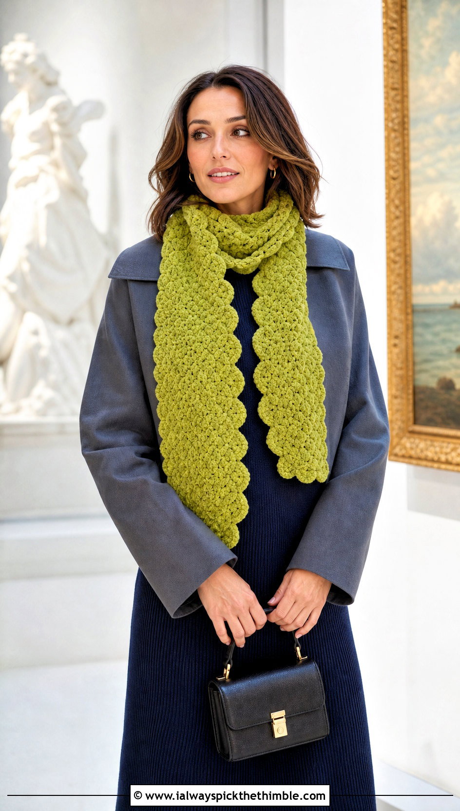 Scalloped Crochet Chenille Scarf With Midi Dress - 20 crochet chenille scarf outfit ideas
