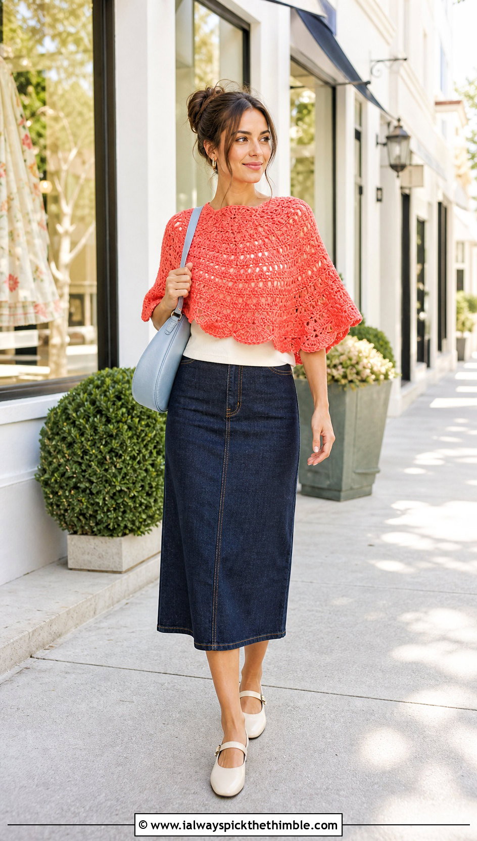 Scalloped Crochet Circular Poncho With Midi Skirt - 20 Crochet Circular Poncho outfit ideas