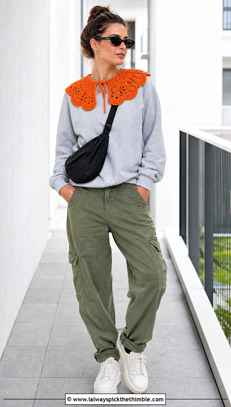 Scalloped Crochet Collar With Sweatshirt And Cargo Pants - 15 beginner crochet collar outfit ideas