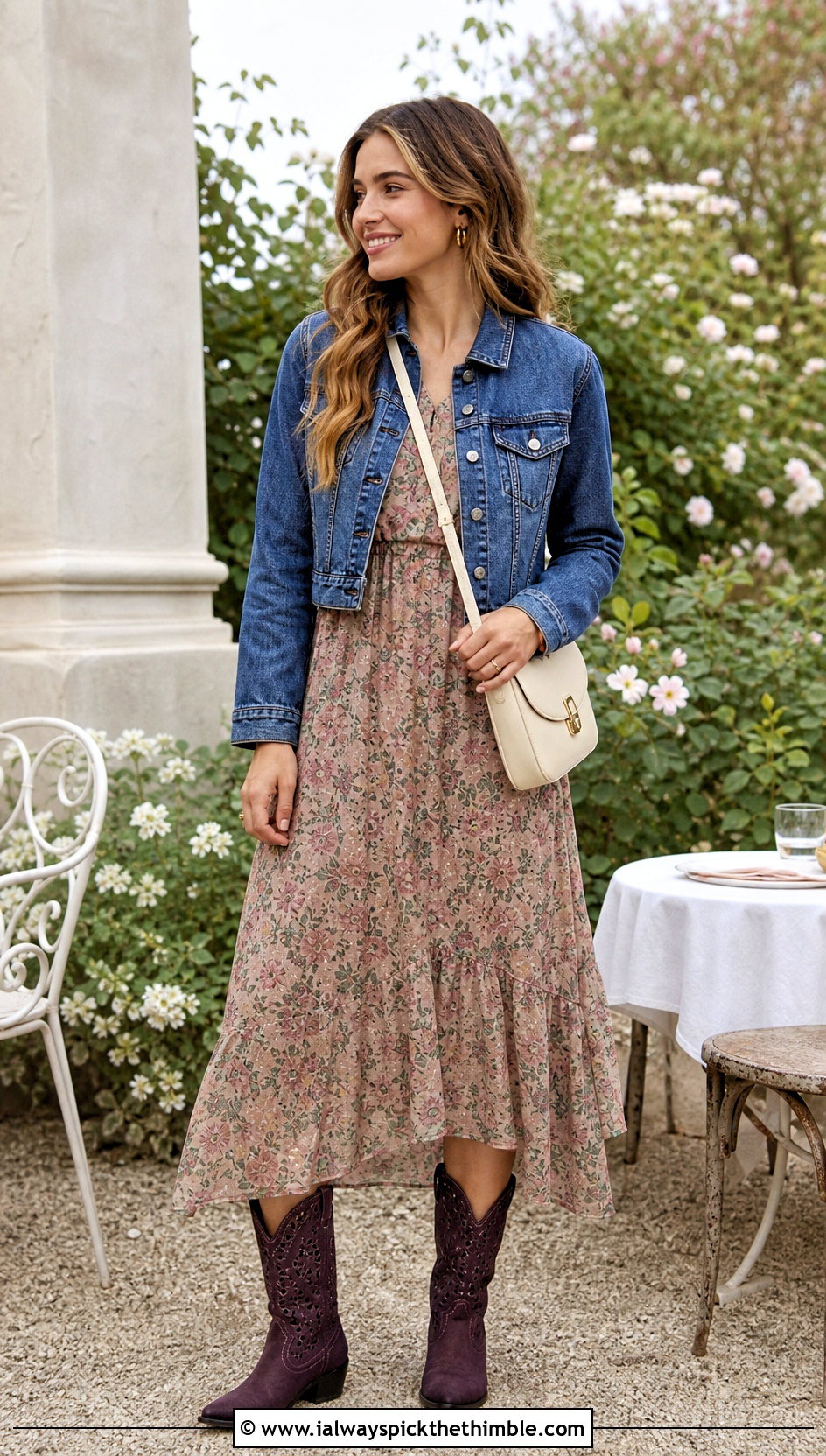 Scalloped Crochet Cowboy Boots With A Floral Maxi Dress - 20 Crochet Cowboy Boot outfit ideas