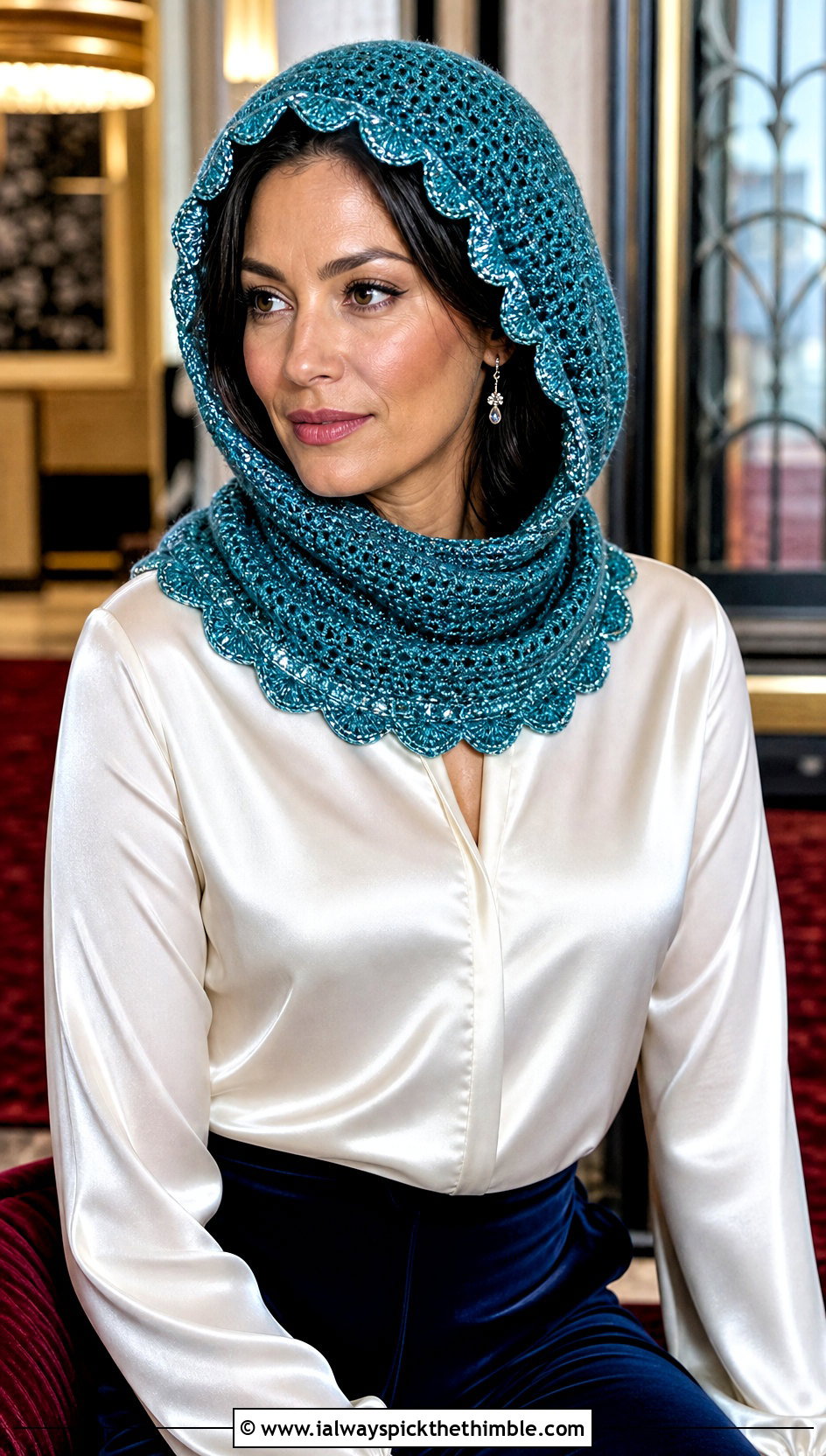 Scalloped Crochet Cowl Hat With Satin Blouse And Velvet Pants - 20 crochet cowl hat outfit ideas