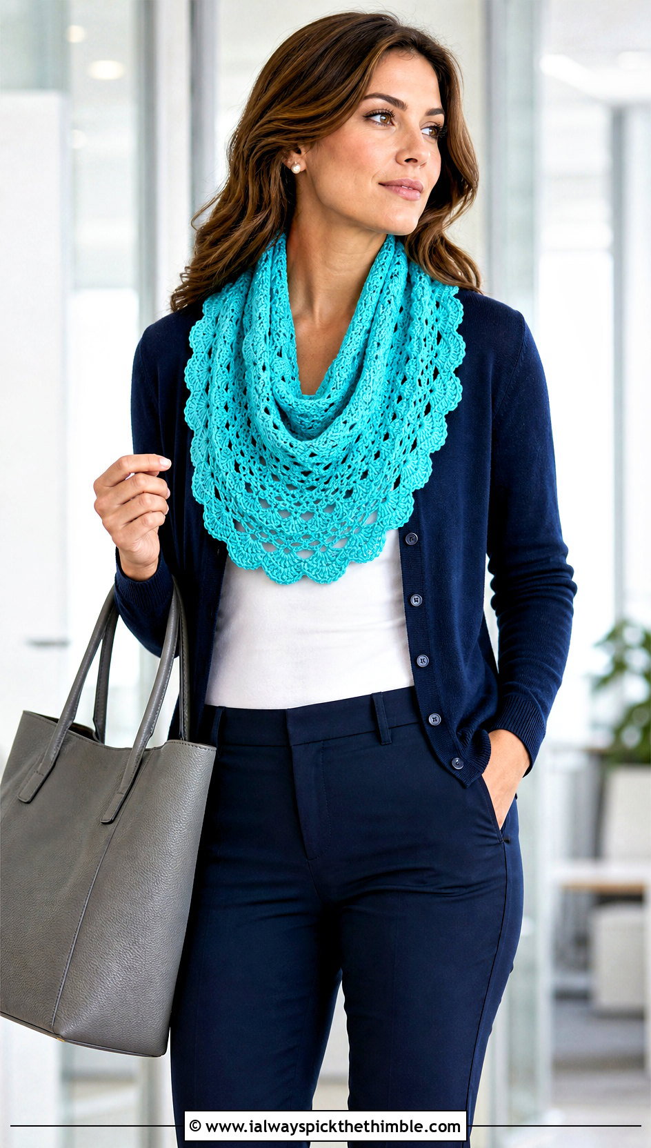 Scalloped Crochet Cowl With Cardigan And Cigarette Pants - 20 cowl crochet scarf outfit ideas