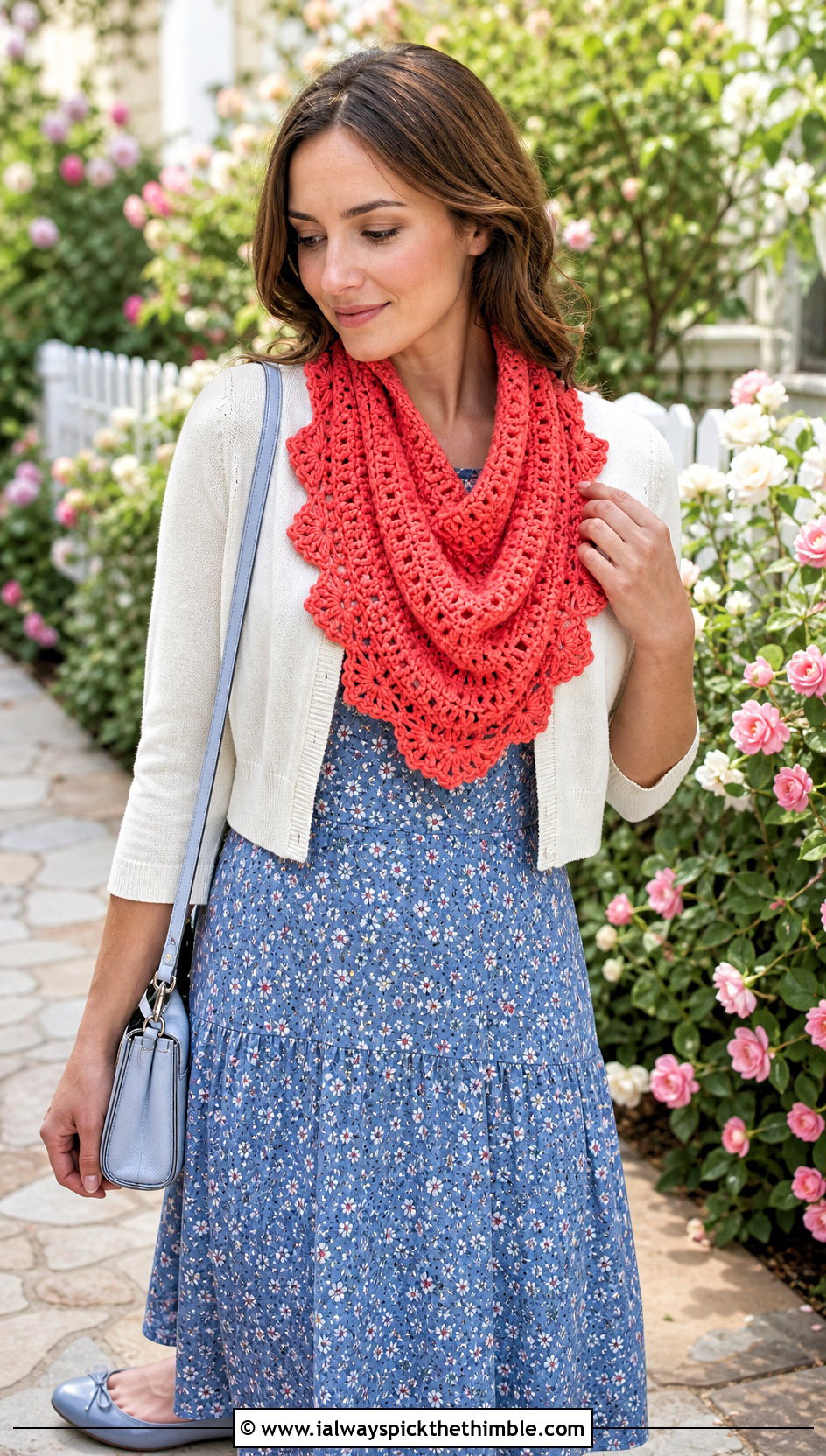 Scalloped Crochet Cowl With Floral Midi Dress - 20 Simple Crochet Cowl outfit ideas