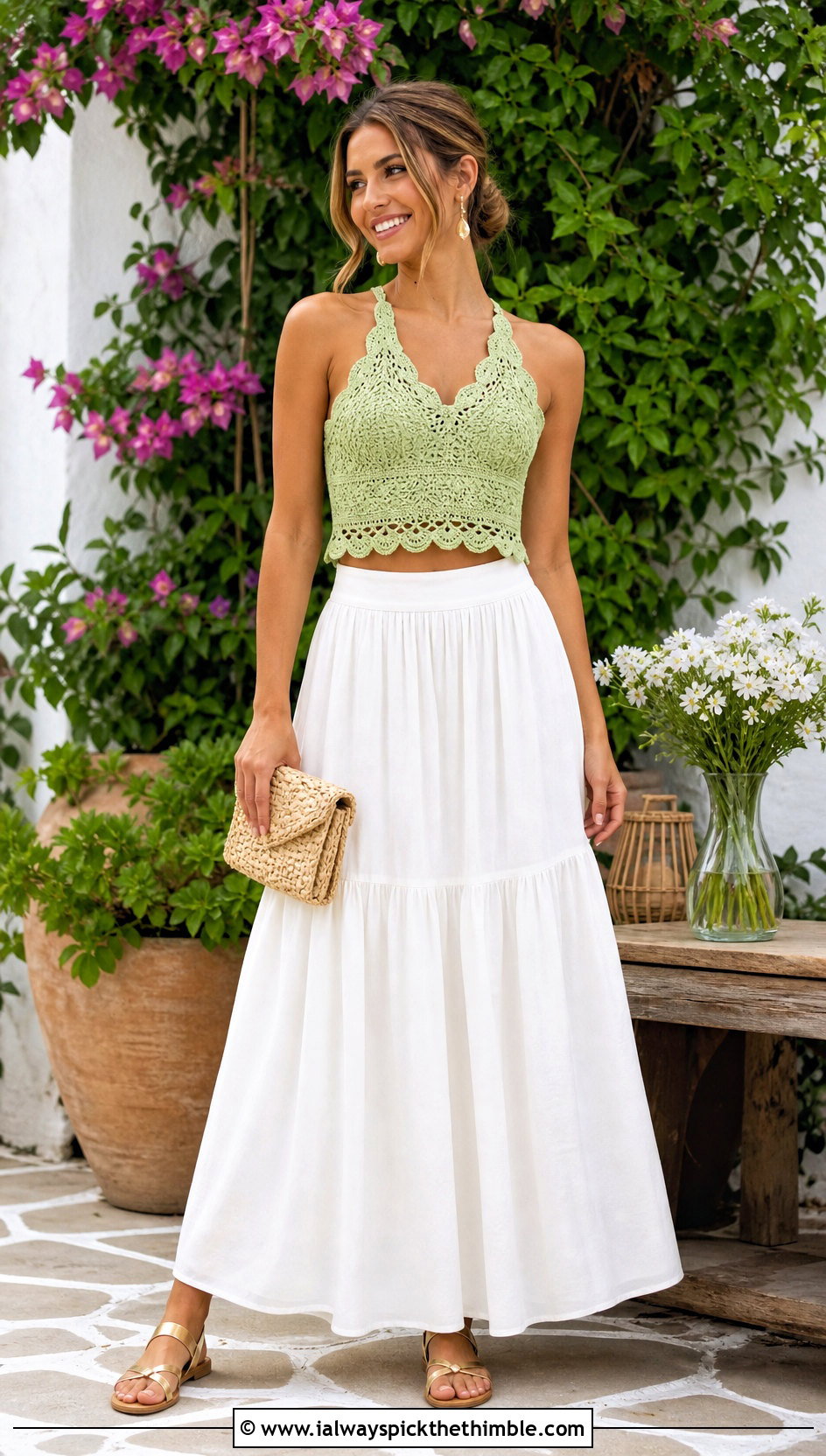 Scalloped Crochet Crop Top With Maxi Skirt - 25 summer crochet top outfit ideas