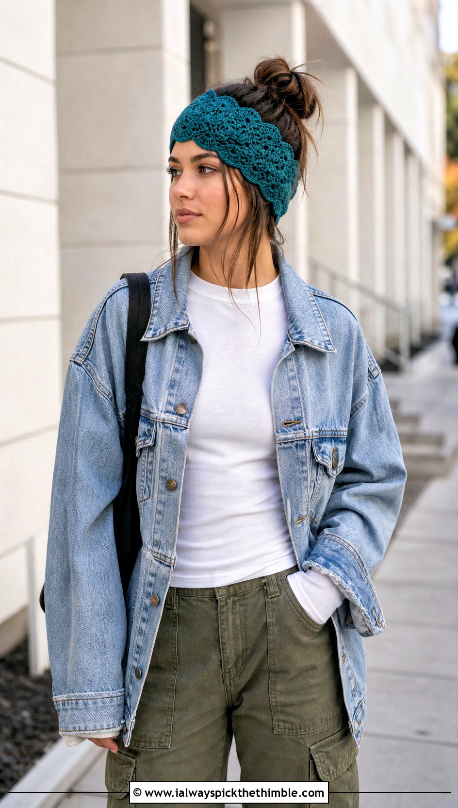 Scalloped Crochet Crown Ear Warmer With Denim Jacket And Cargo Pants - 20 crochet crown ear warmer outfit ideas