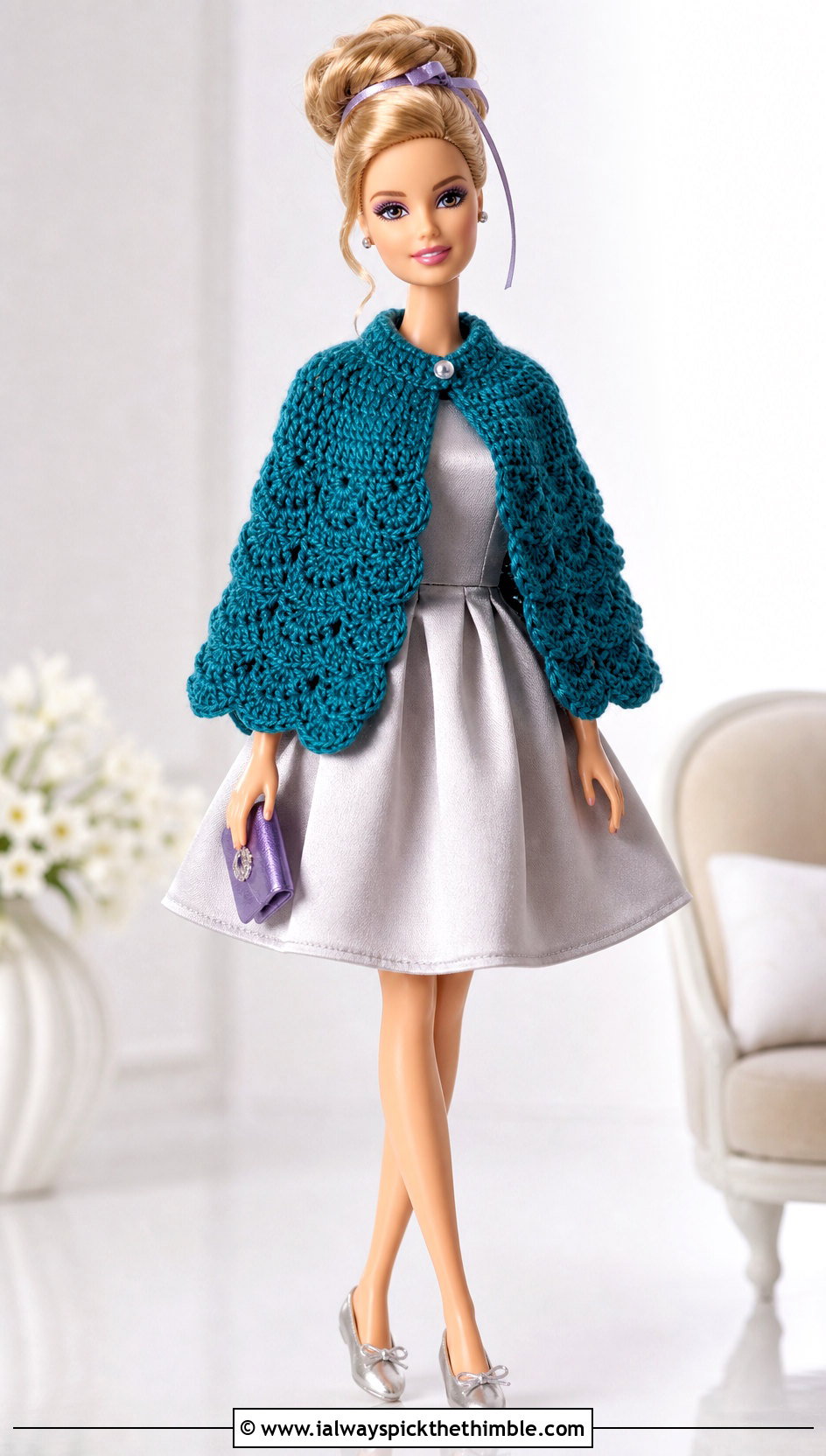 Scalloped Crochet Doll Cape With Satin Party Dress - 20 Crochet Doll Cape outfit ideas