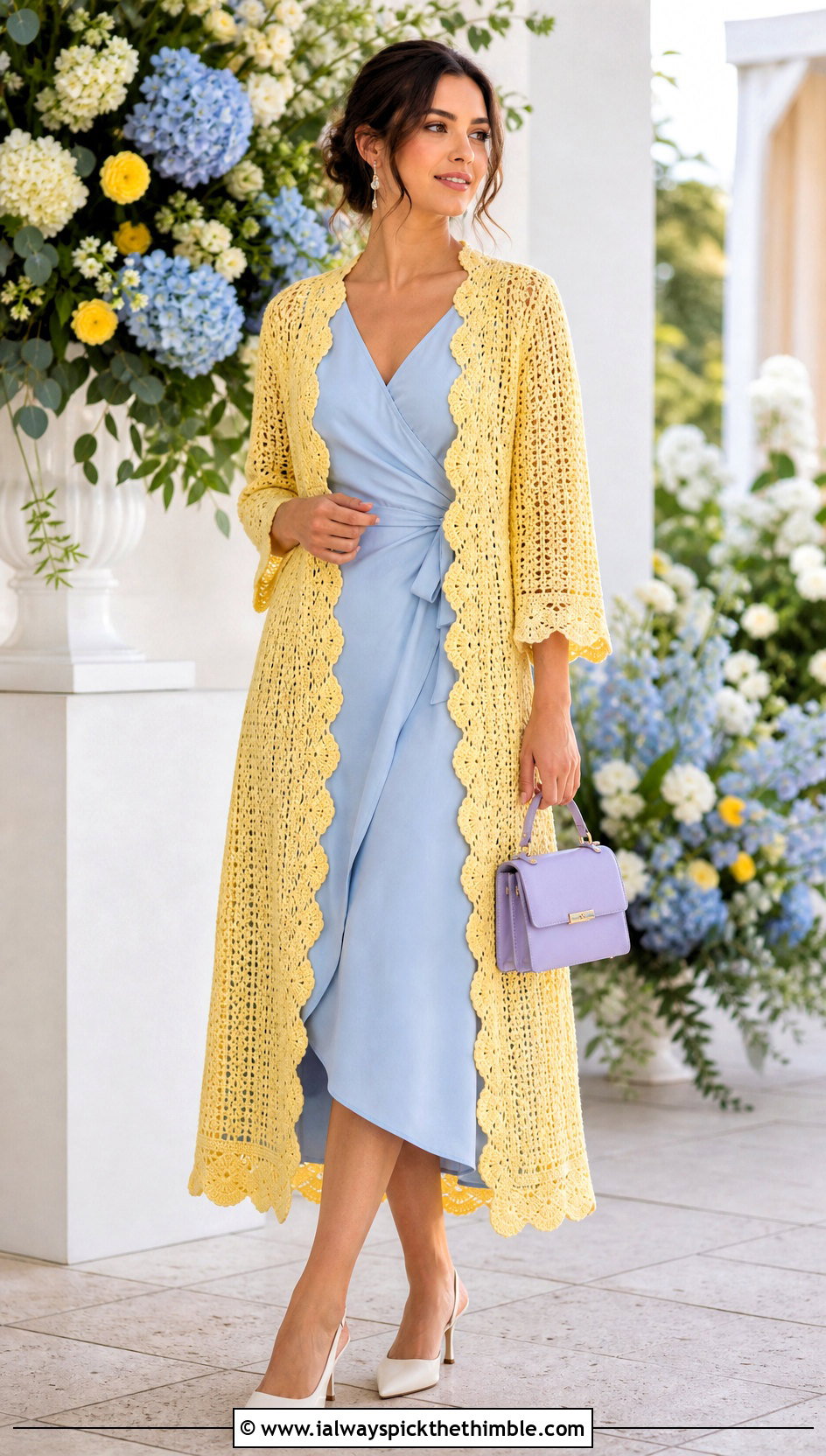 Scalloped Crochet Duster With Wrap Dress - 25 crochet long jacket outfit ideas