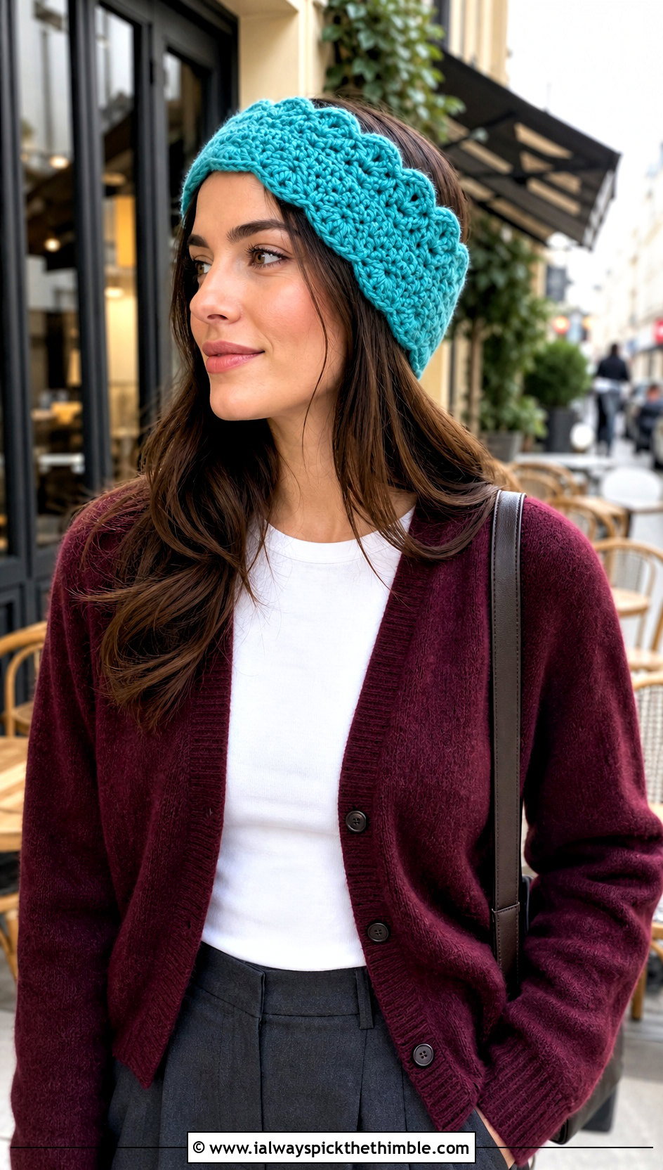 Scalloped Crochet Ear Warmer With Cardigan and Pleated Trousers - 20 Simple Crochet Ear Warmer outfit ideas
