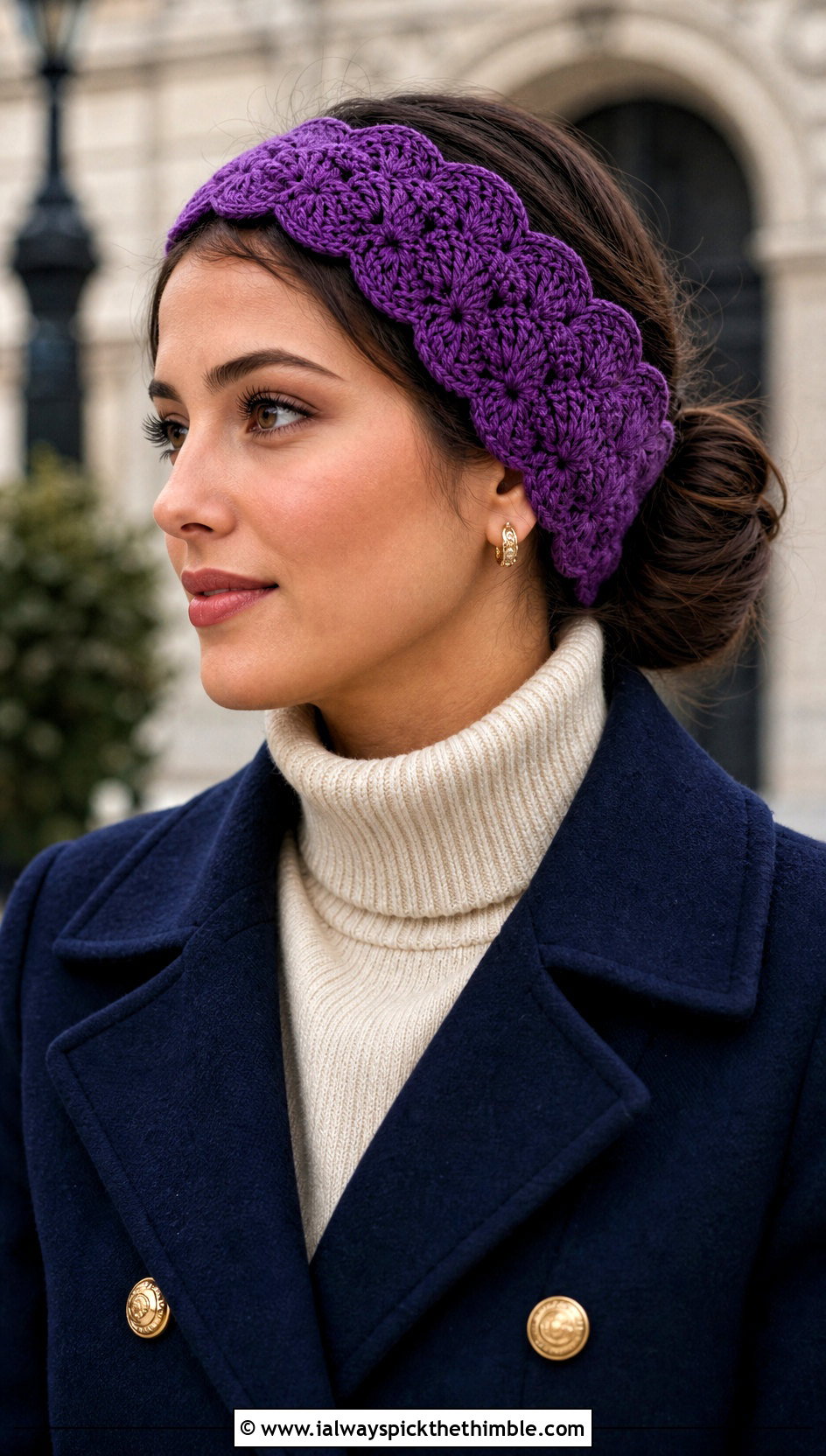 Scalloped Crochet Ear Warmer With Peacoat - 25 crochet ear warmer outfit ideas