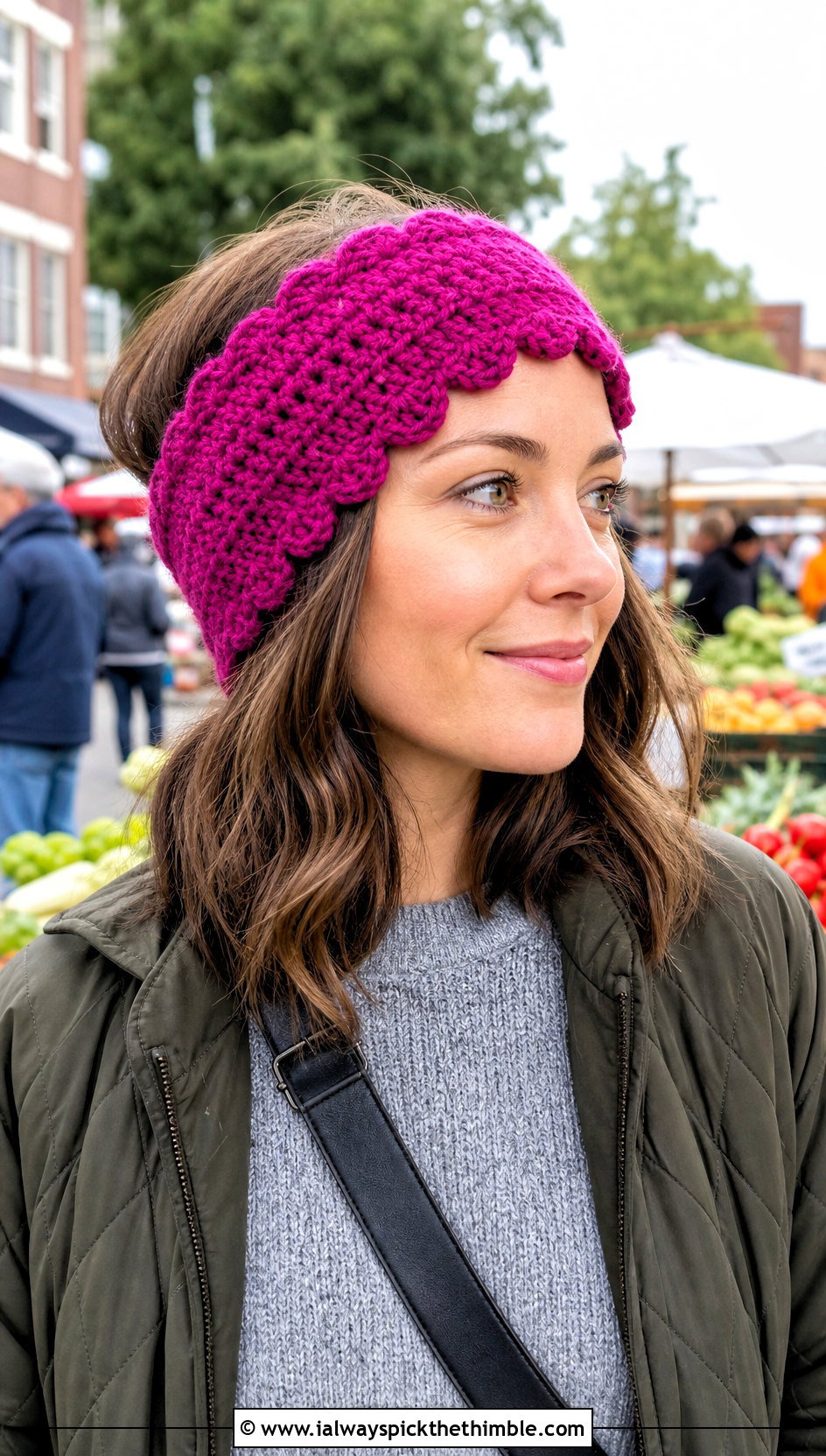 Scalloped Crochet Ear Warmer With Quilted Jacket - 20 Beginner Crochet Ear Warmer outfit ideas