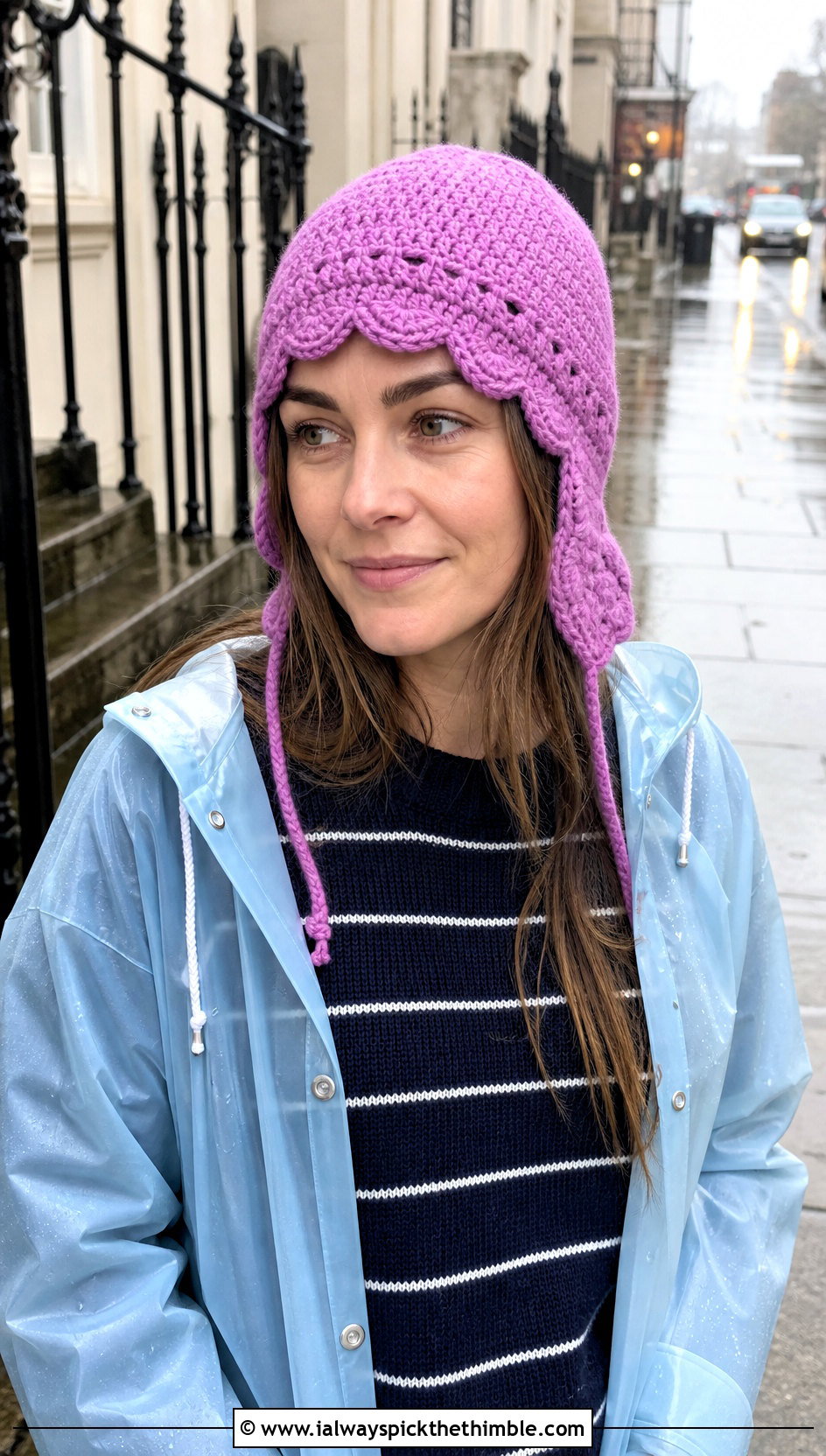 Scalloped Crochet Earflap Beanie With Raincoat - 20 crochet earflap beanie outfit ideas