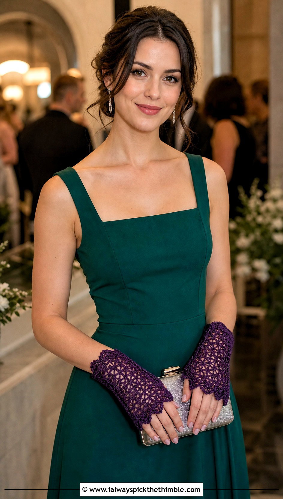 Scalloped Crochet Fingerless Gloves With Evening Dress - 25 easy crochet fingerless gloves outfit ideas