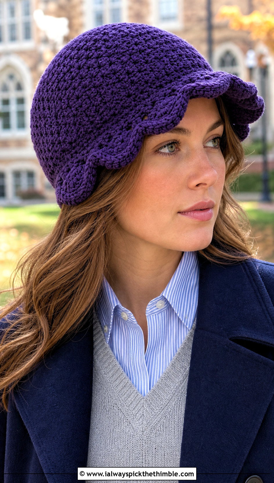Scalloped Crochet Flap Hat With Preppy Layers - 20 crochet flap hat outfit ideas