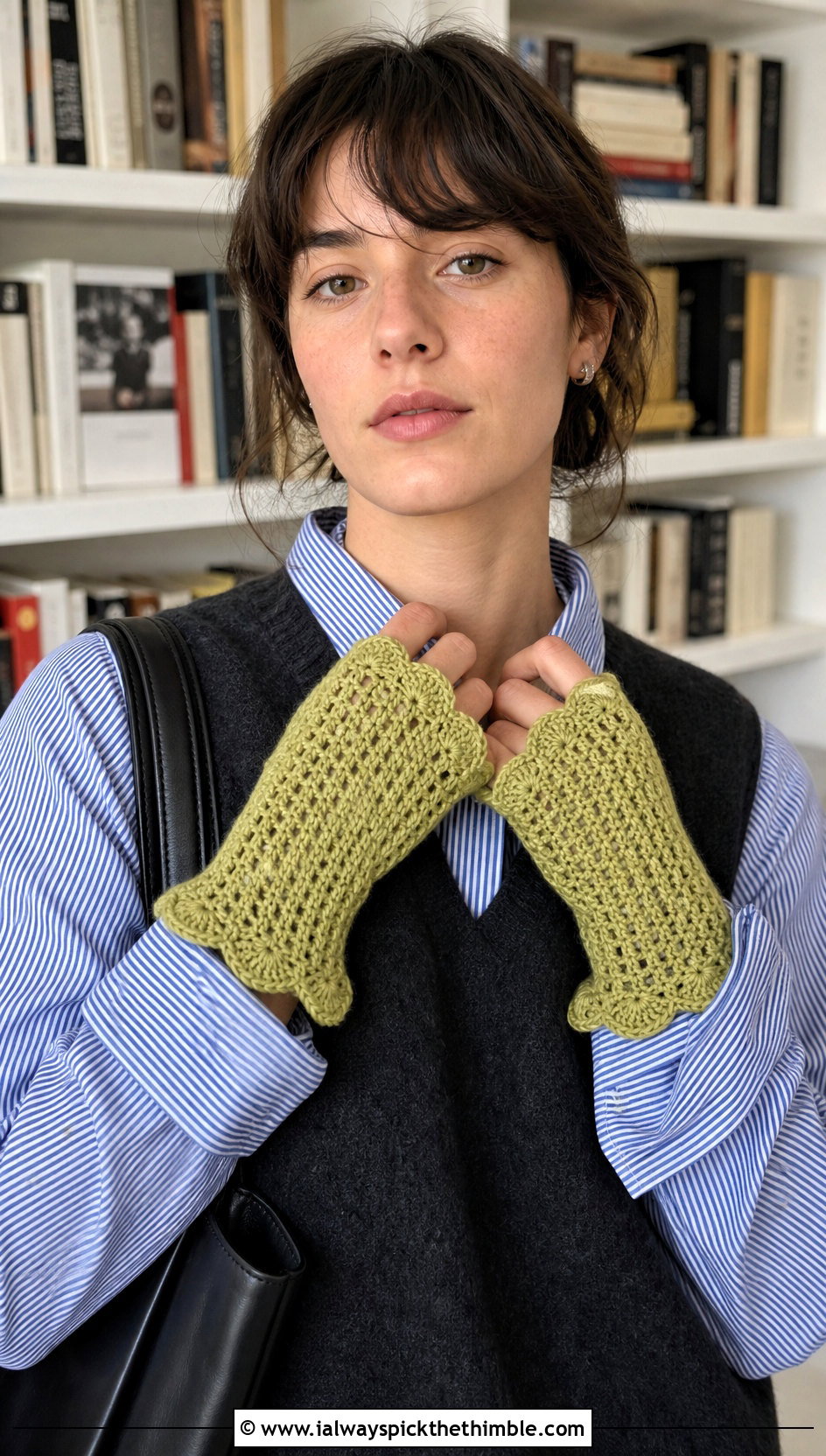 Scalloped Crochet Gloves With Button Down Shirt - 20 crocheted gloves outfit ideas