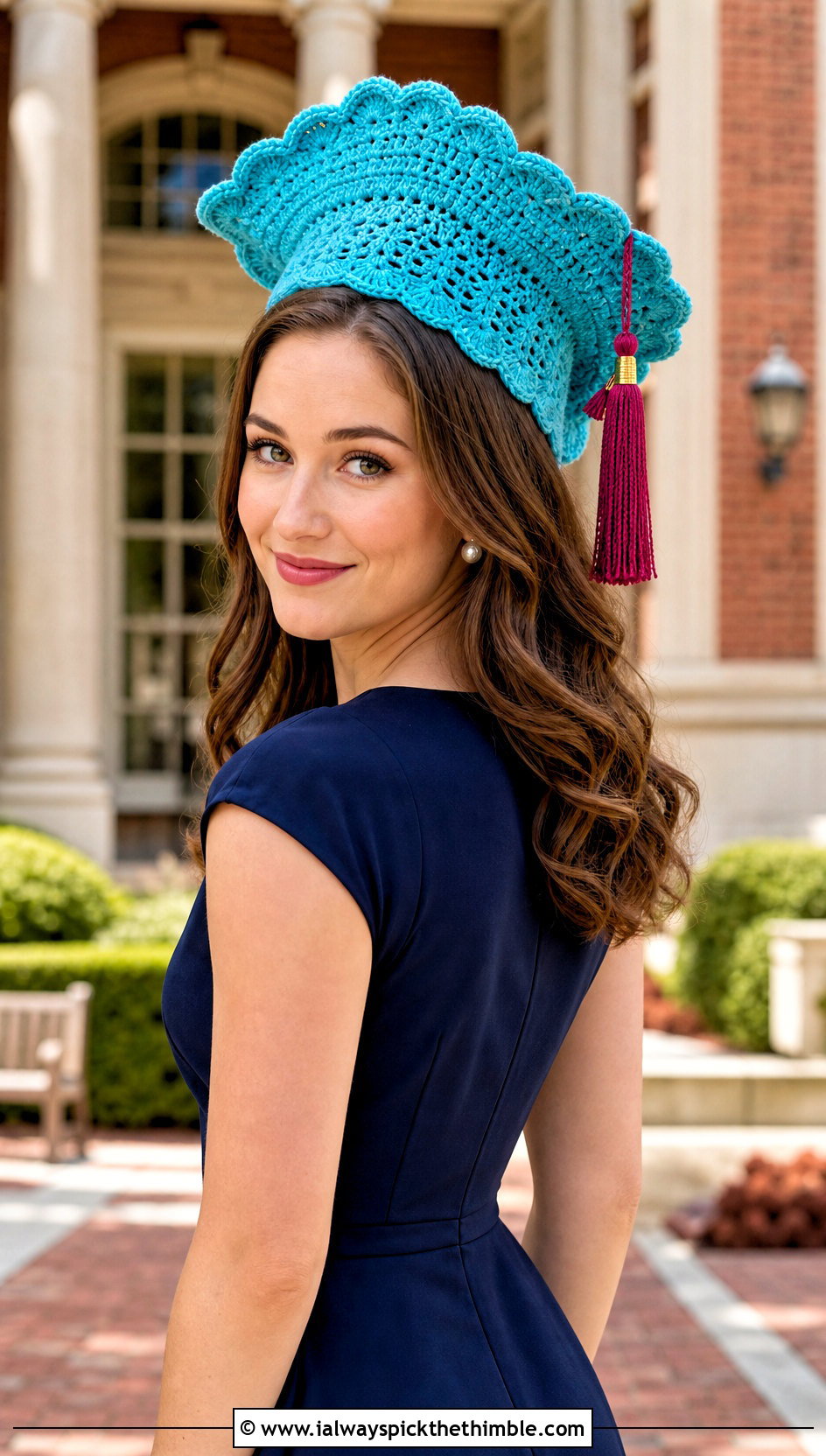 Scalloped Crochet Graduation Cap With Tea Length Dress - 25 crochet graduation cap outfit ideas