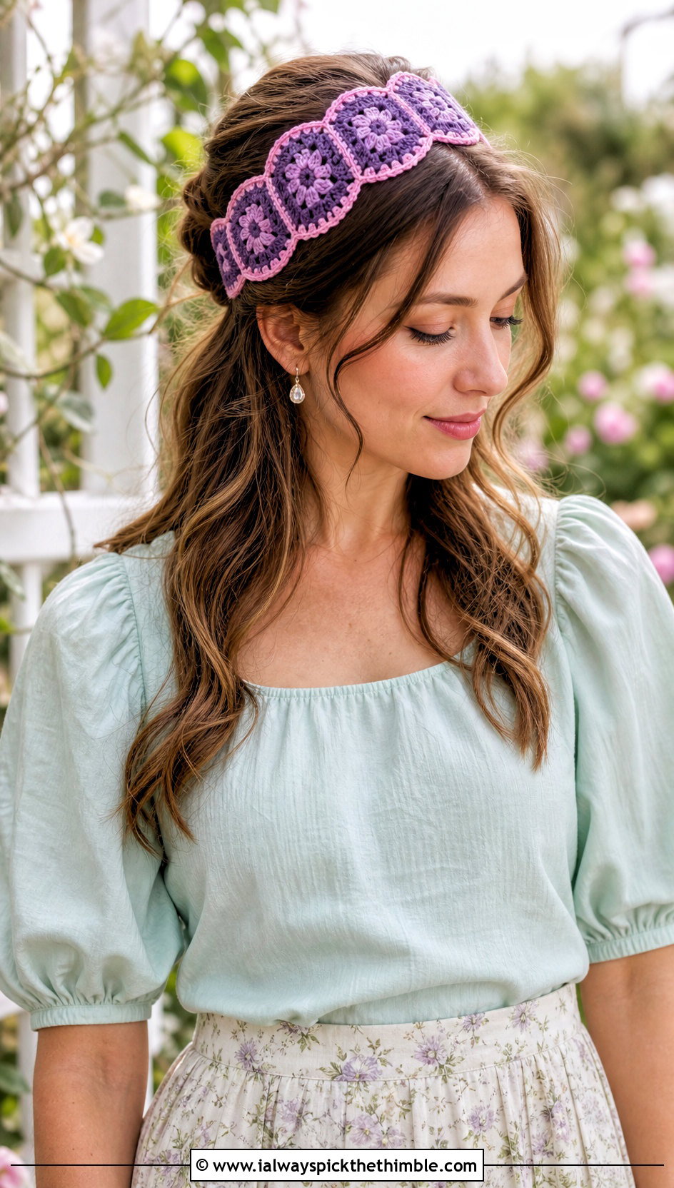 Scalloped Crochet Granny Square Headband With Romantic Outfit - 15 Crochet Granny Square Headband outfit ideas