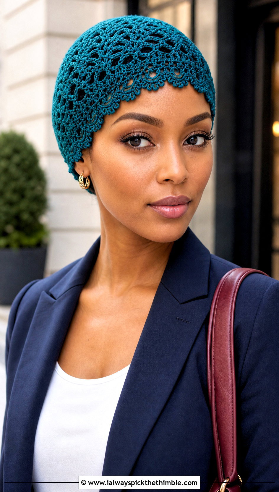 Scalloped Crochet Hair Cap With Blazer And Jeans - 15 crochet hair cap outfit ideas