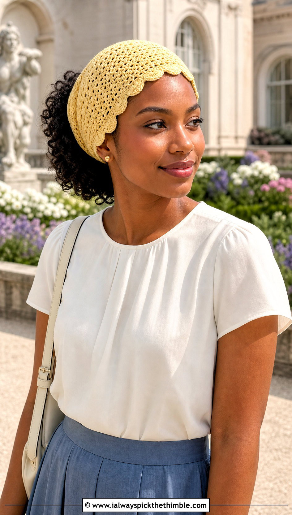 Scalloped Crochet Hair Wrap With Blouse And Midi Skirt - 20 crochet hair wraps outfit ideas