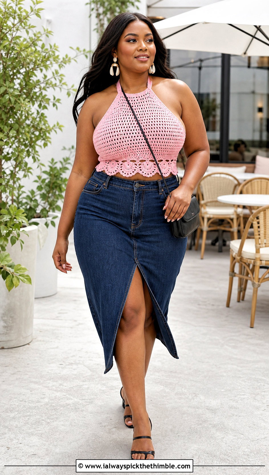 Scalloped Crochet Halter Top With Denim Midi Skirt - 20 plus size crochet halter top outfit ideas