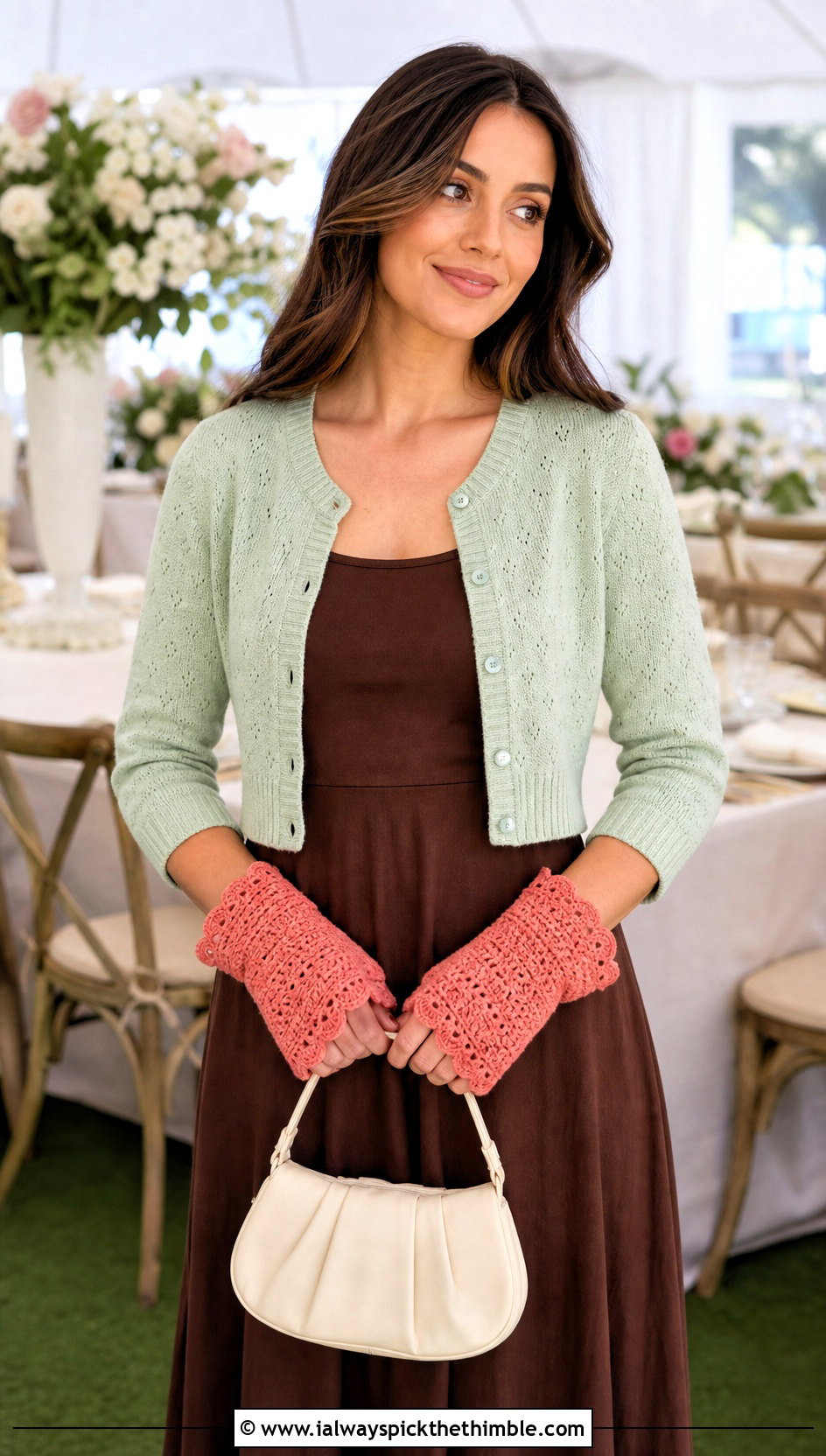Scalloped Crochet Hand Warmers With Cardigan And Midi Dress - 25 crochet hand warmers outfit ideas
