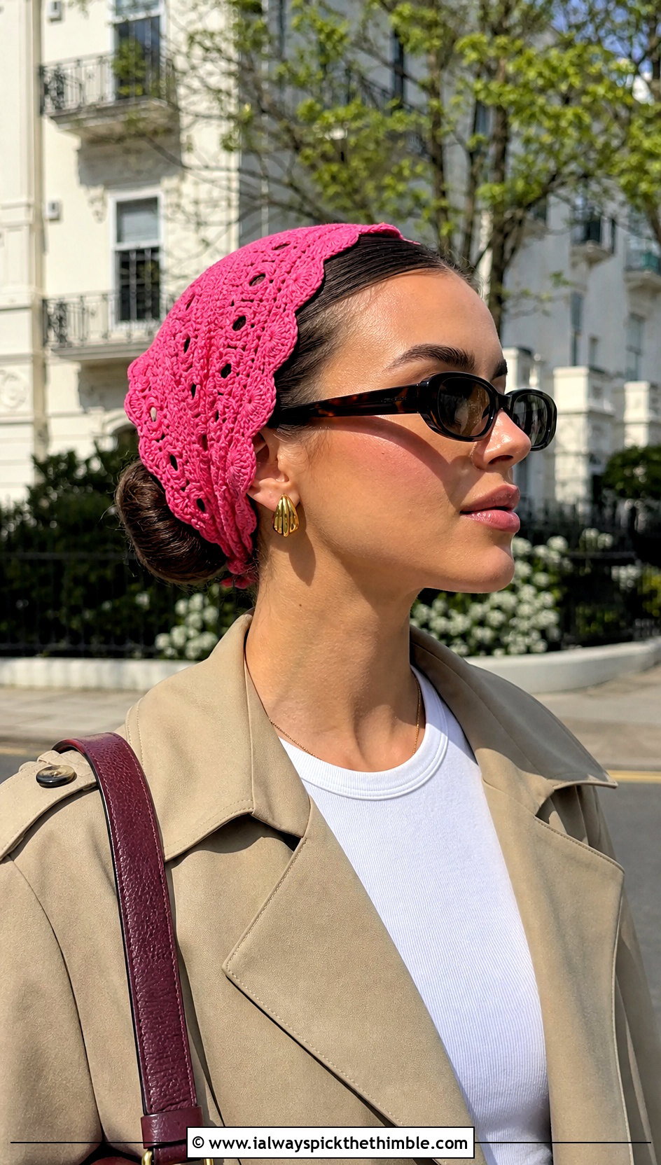 Scalloped Crochet Head Scarf With Trench Coat - 25 crochet head scarf outfit ideas