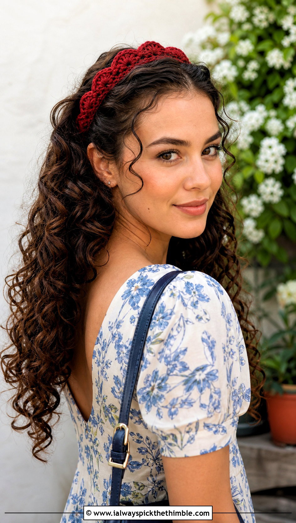 Scalloped Crochet Headband With Floral Midi Dress - 20 crochet headband curly hair outfit ideas