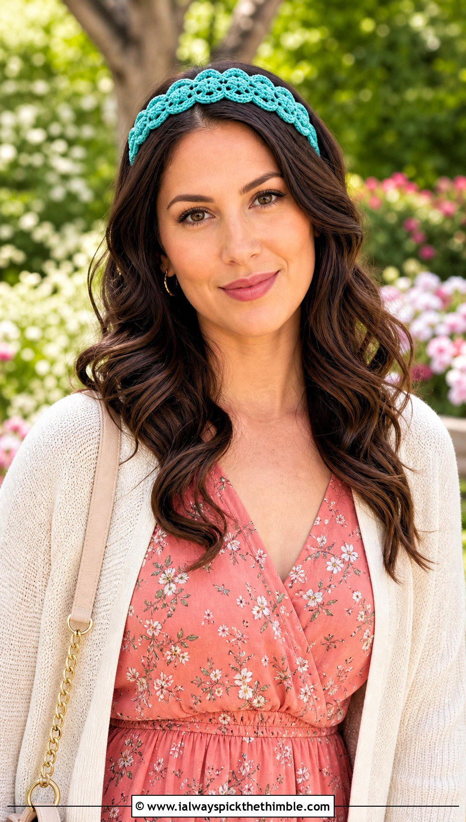 Scalloped Crochet Headband With Floral Midi Dress - 25 crochet headbands for women outfit ideas