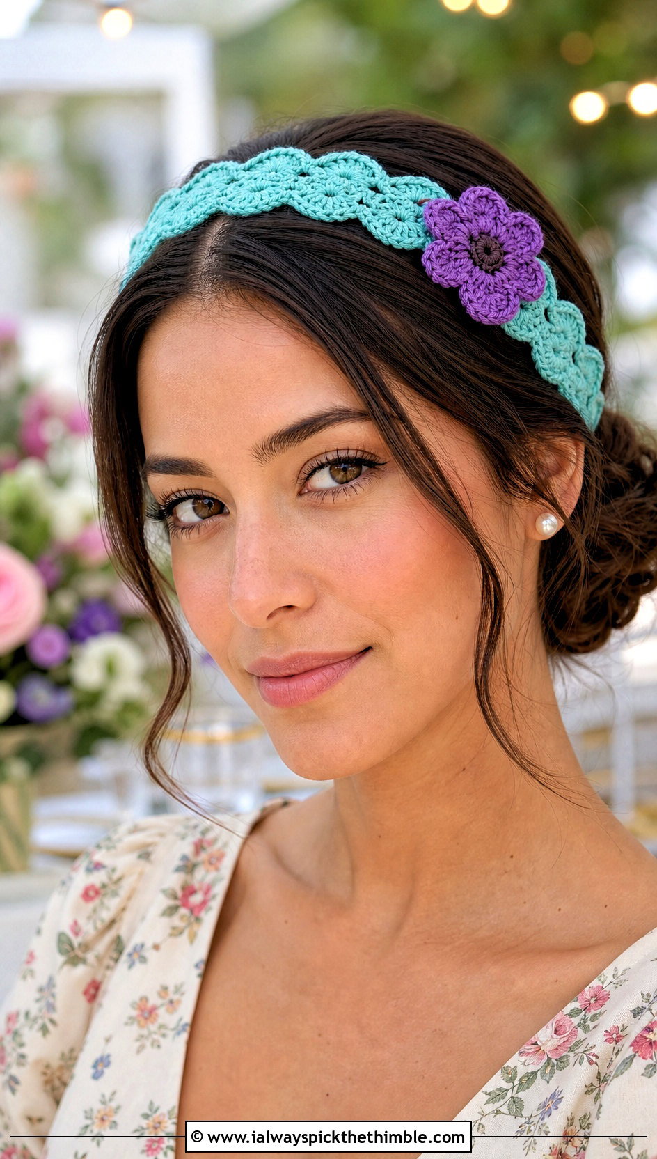 Scalloped Crochet Headband With Floral Midi Dress - 15 crochet headband with purple flower outfit ideas