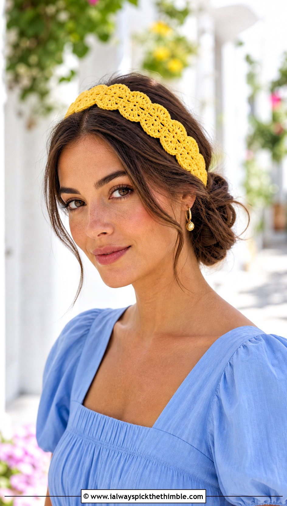 Scalloped Crochet Headband With Midi Dress - 20 simple crochet head bands outfit ideas