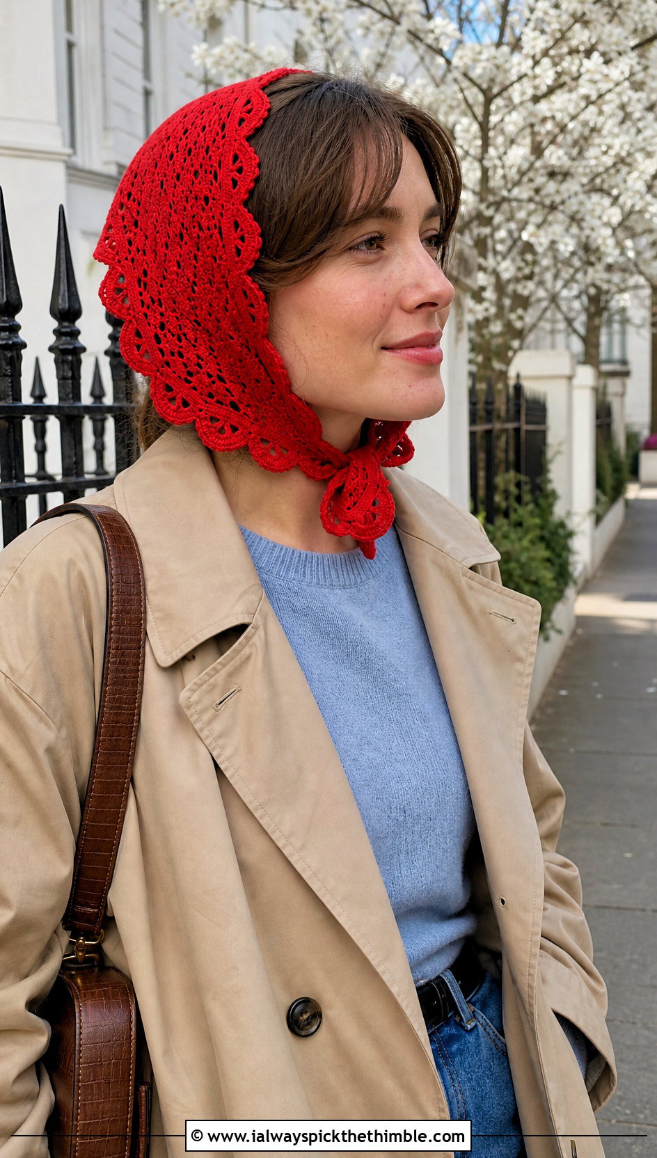 Scalloped Crochet Headscarf With Trench Coat And Straight Jeans - 15 crochet head wraps outfit ideas