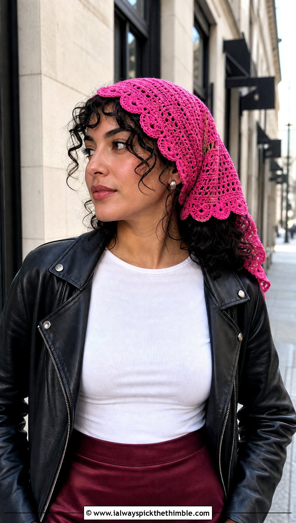 Scalloped Crochet Headwrap With Leather Jacket And Midi Skirt - 25 crochet headwrap outfit ideas