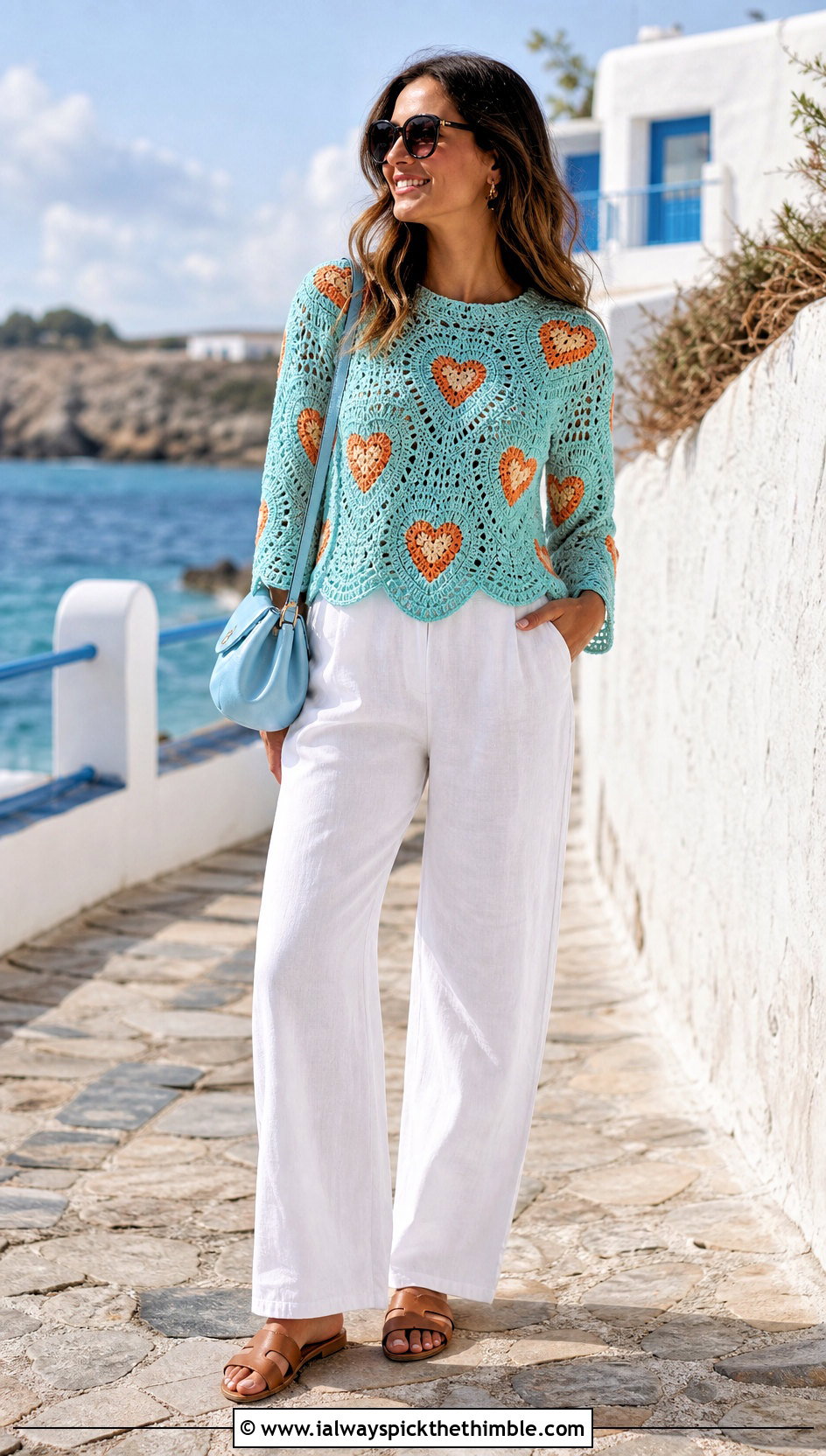 Scalloped Crochet Heart Jumper With Linen Trousers - 20 crochet heart jumper outfit ideas