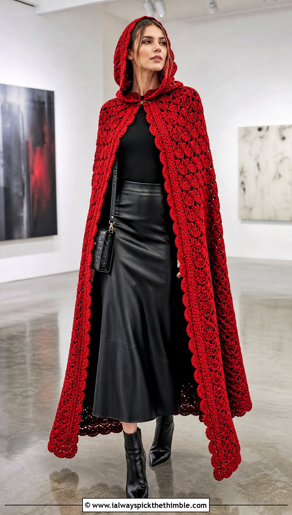 Scalloped Crochet Hooded Cape With Leather Skirt - 25 crochet hooded cape outfit ideas