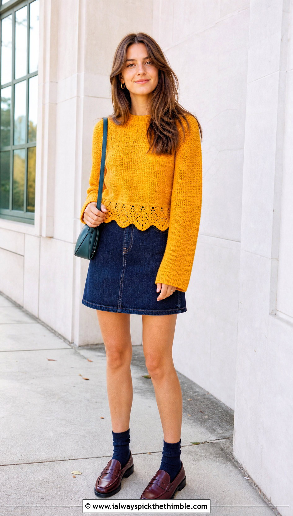 Scalloped Crochet Jumper With A Line Mini Skirt - 25 easy crochet jumper outfit ideas