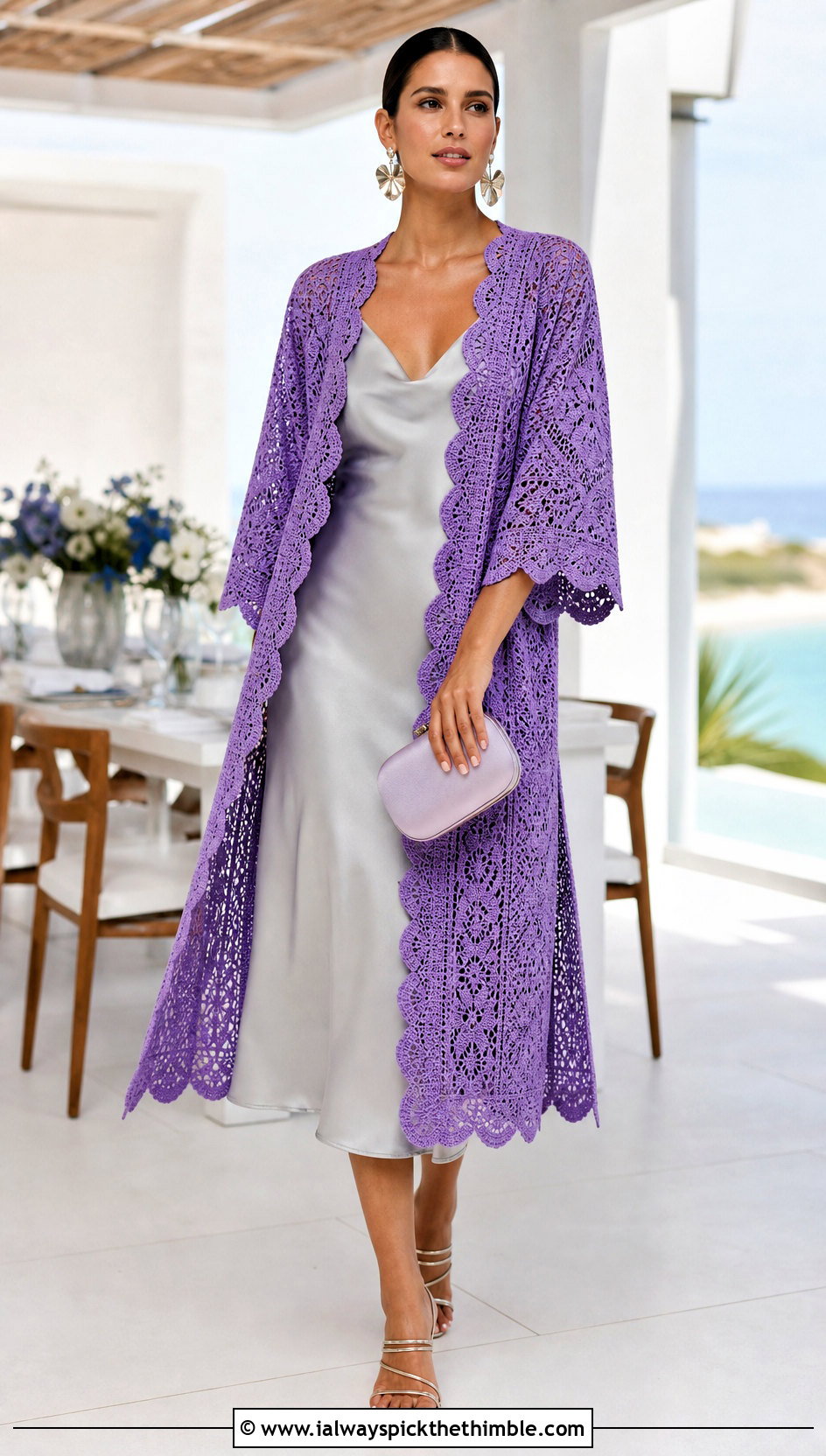 Scalloped Crochet Kimono With Satin Slip Dress - 15 crochet kimono cover up outfit ideas