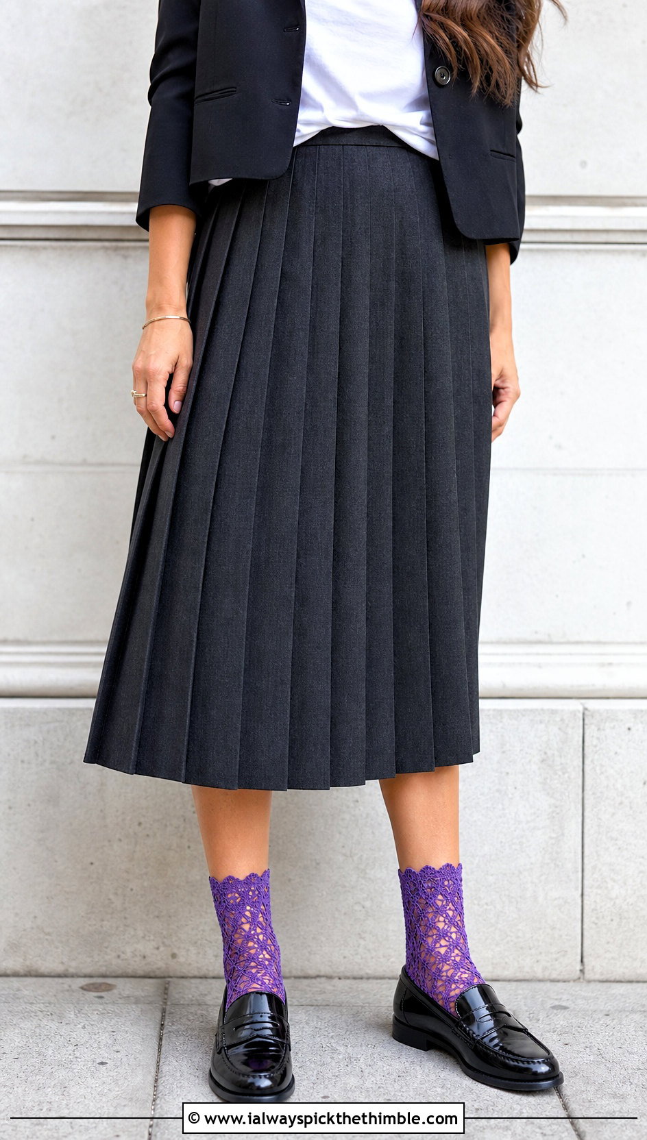 Scalloped Crochet Lace Ankle Socks With Loafers And Pleated Skirt - 20 Crochet Lace Socks outfit ideas