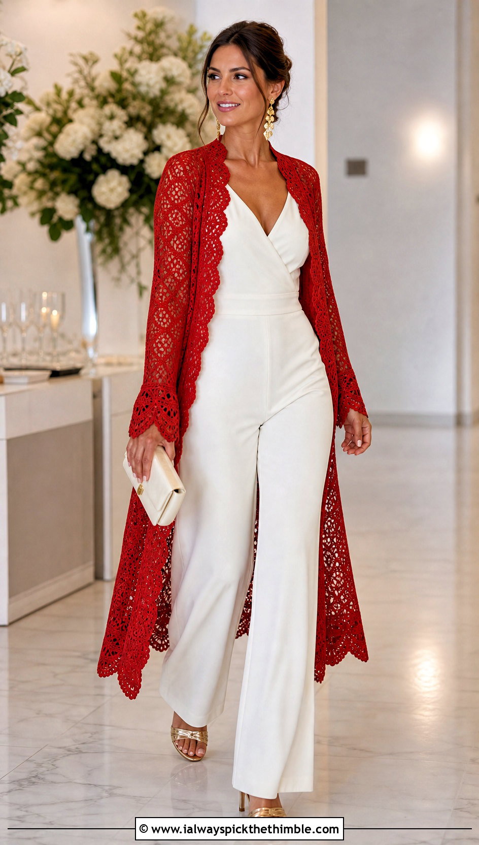 Scalloped Crochet Lace Duster With Evening Jumpsuit - 20 Crochet Long Lacy Cardigan outfit ideas