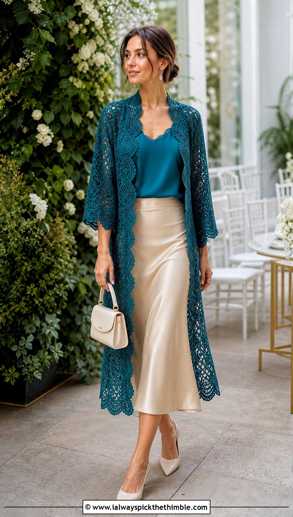 Scalloped Crochet Lace Kimono With Satin Midi Skirt - 20 crochet lace kimono outfit ideas