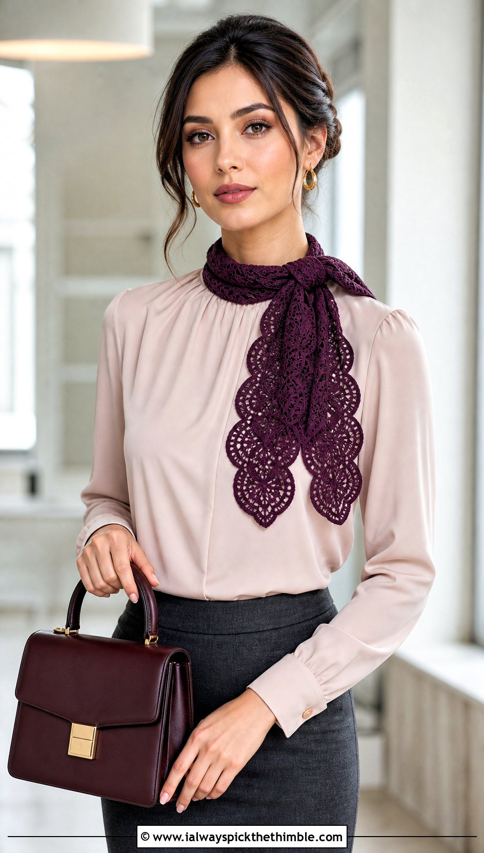 Scalloped Crochet Lace Scarf With Blouse And Pencil Skirt - 25 crochet lace scarf outfit ideas