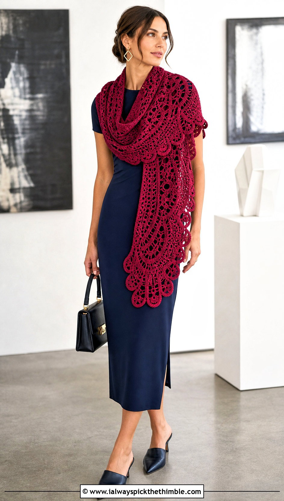 Scalloped Crochet Lace Scarf With Column Dress And Mules - 20 easy crochet lace scarf outfit ideas