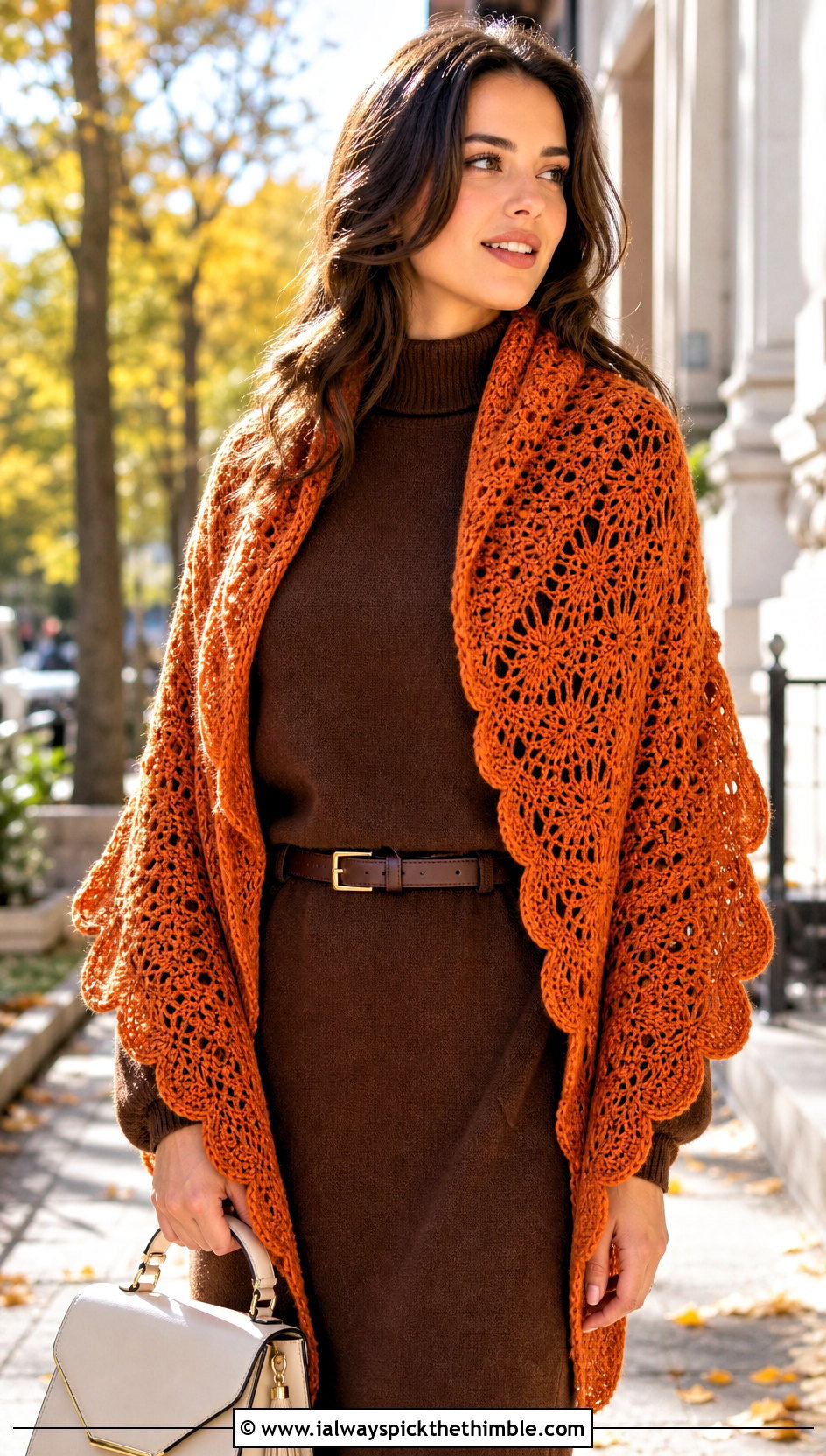 Scalloped Crochet Lace Shawl With Sweater Dress - 20 easy crochet lace shawl outfit ideas