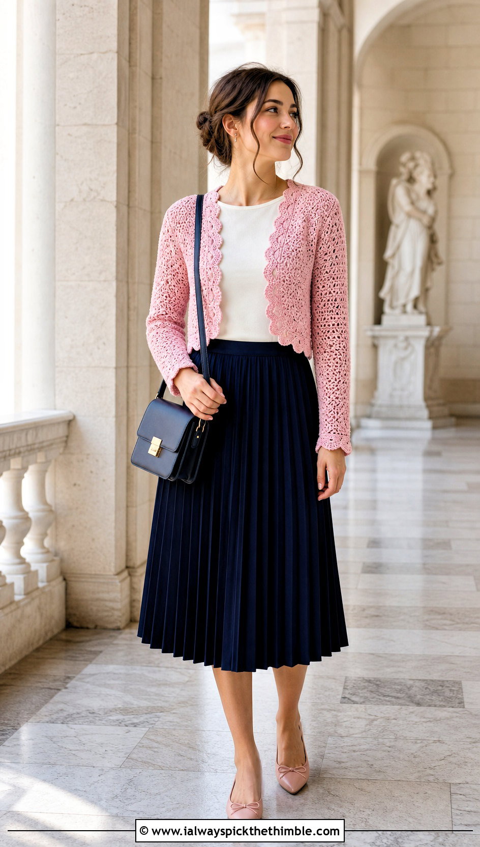 Scalloped Crochet Long Sleeve Shrug With Pleated Midi Skirt - 20 crochet long sleeve shrug outfit ideas