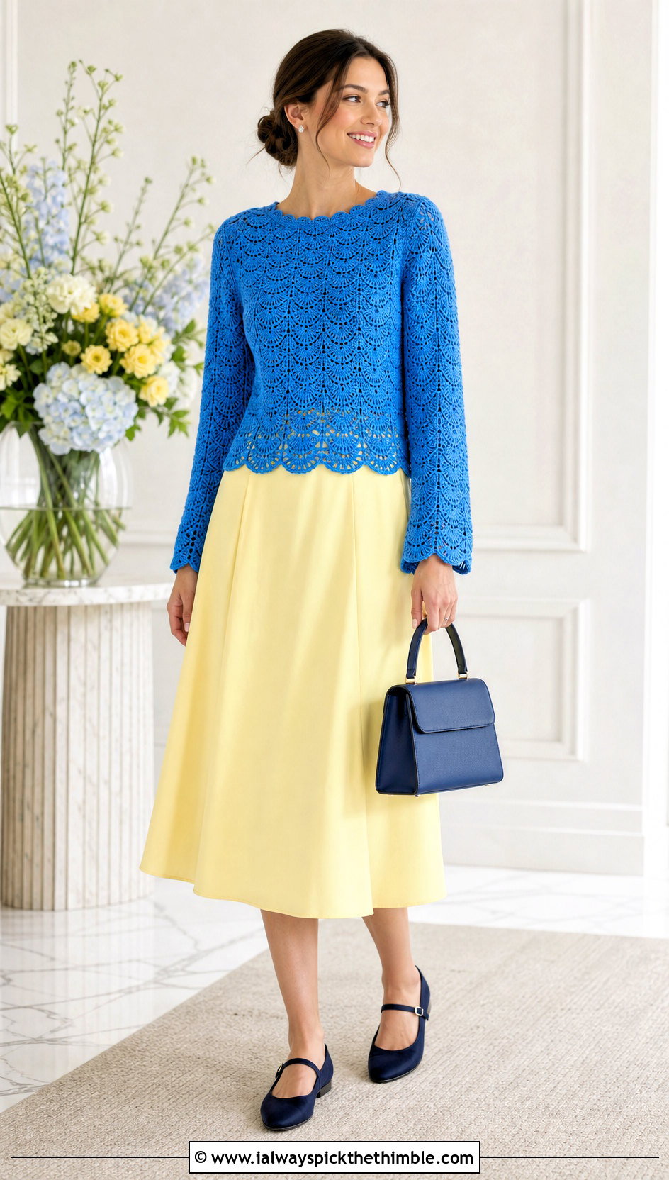 Scalloped Crochet Long Sleeve Top With A Line Skirt - 25 crochet long sleeve tops outfit ideas